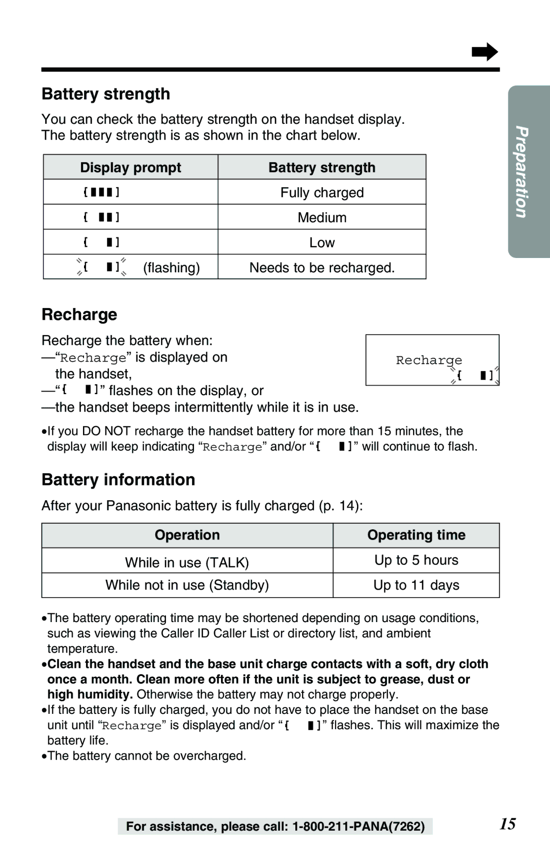 Panasonic KX-TG2257PW, KX-TG2257S operating instructions Recharge, Battery information, Display prompt Battery strength 