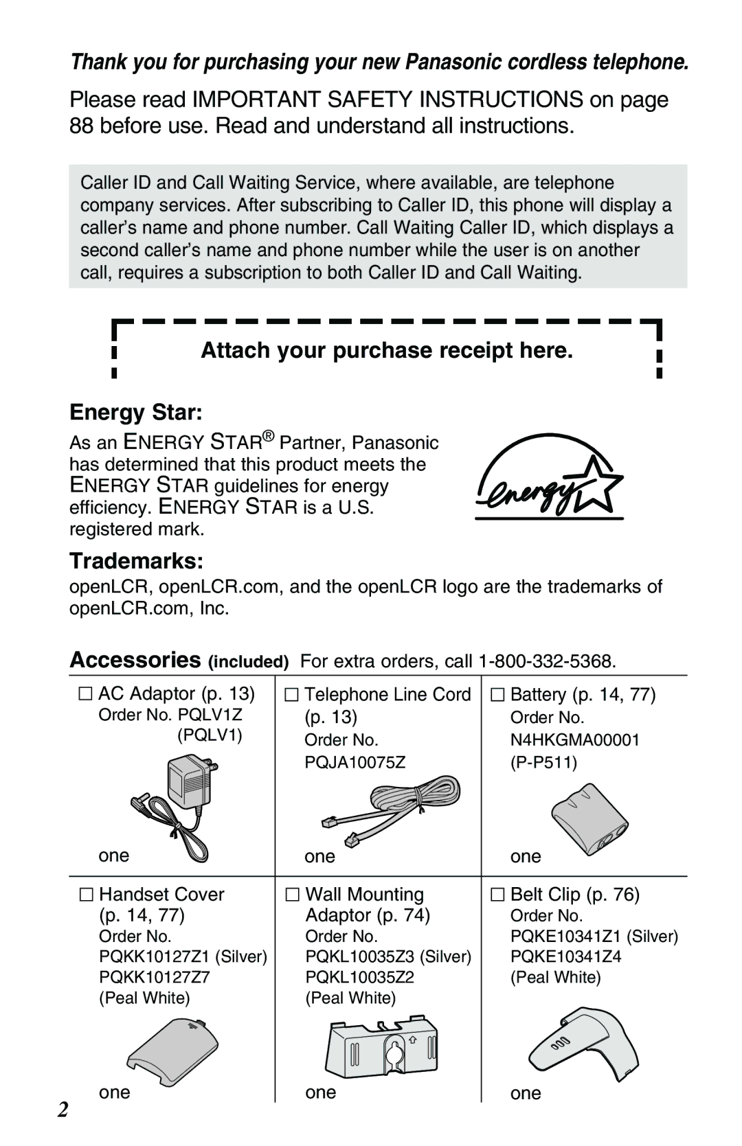 Panasonic KX-TG2257PW, KX-TG2257S operating instructions Attach your purchase receipt here Energy Star, Trademarks, One 