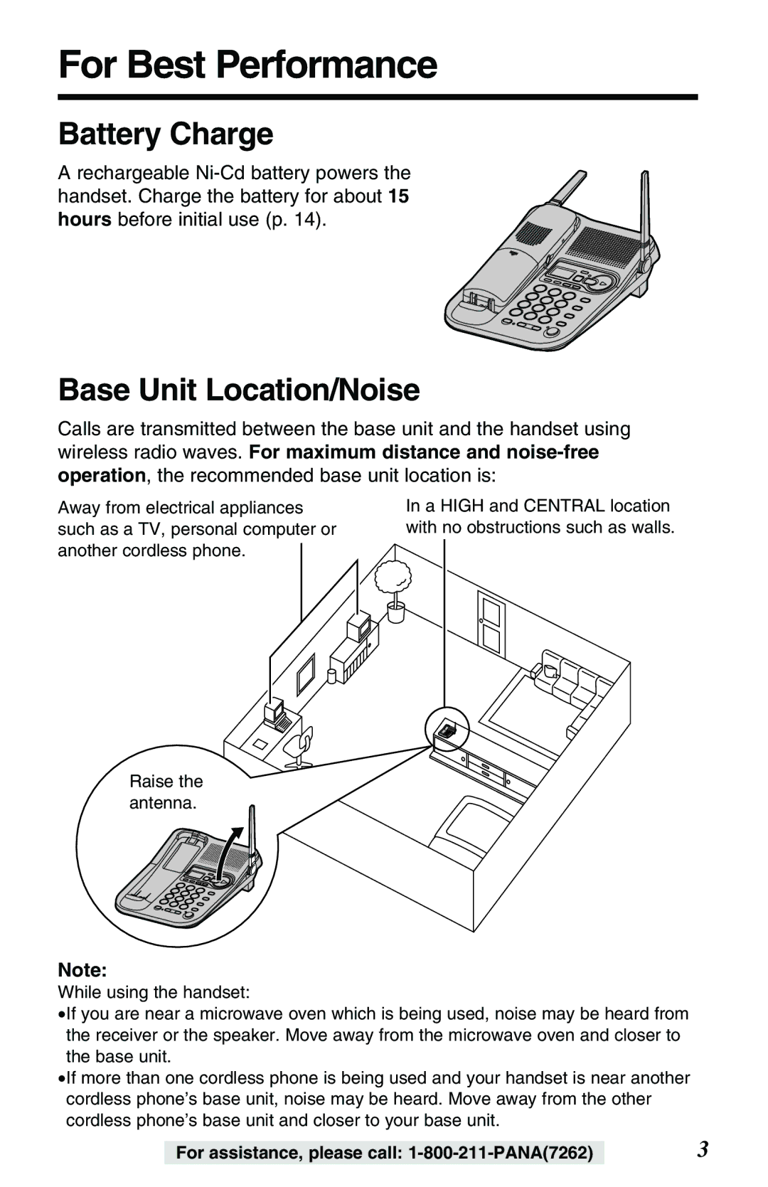 Panasonic KX-TG2257PW, KX-TG2257S operating instructions For Best Performance, Battery Charge, Base Unit Location/Noise 