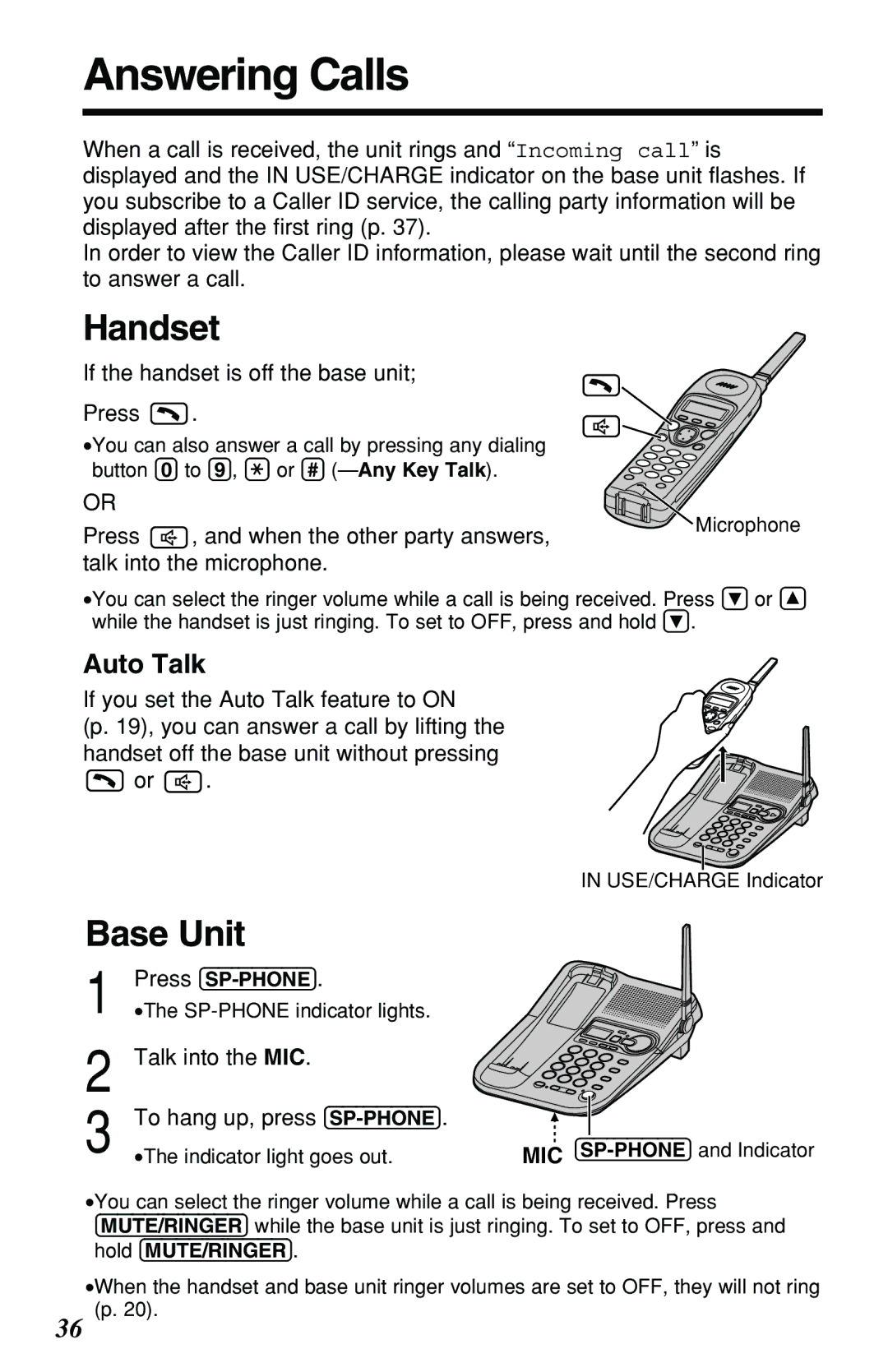 Panasonic KX-TG2257PW, KX-TG2257S operating instructions Answering Calls, Base Unit, Auto Talk 