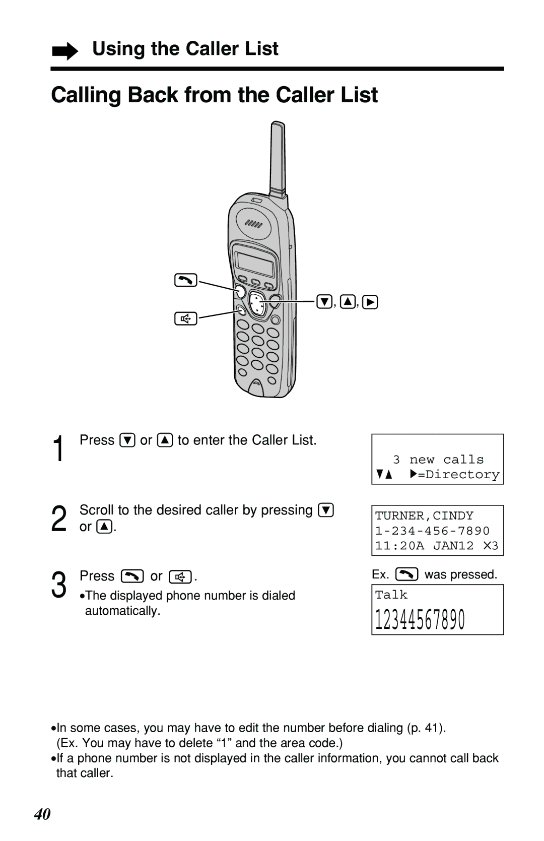 Panasonic KX-TG2257PW, KX-TG2257S operating instructions Calling Back from the Caller List, Using the Caller List 