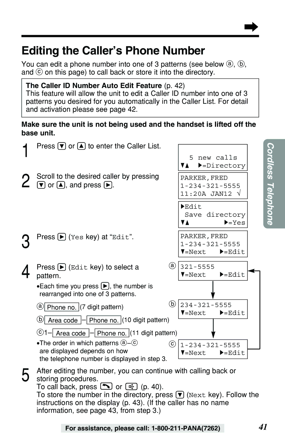 Panasonic KX-TG2257PW, KX-TG2257S Editing the Caller’s Phone Number, Caller ID Number Auto Edit Feature p 