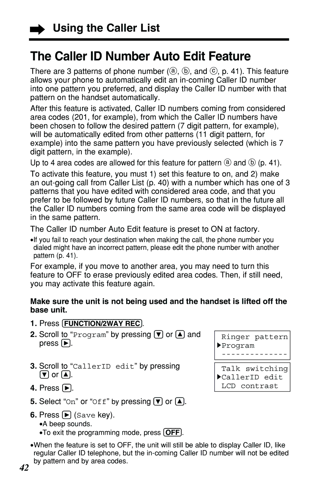 Panasonic KX-TG2257PW, KX-TG2257S Caller ID Number Auto Edit Feature, Scroll to Program by pressing Ö or Ñ and press á 