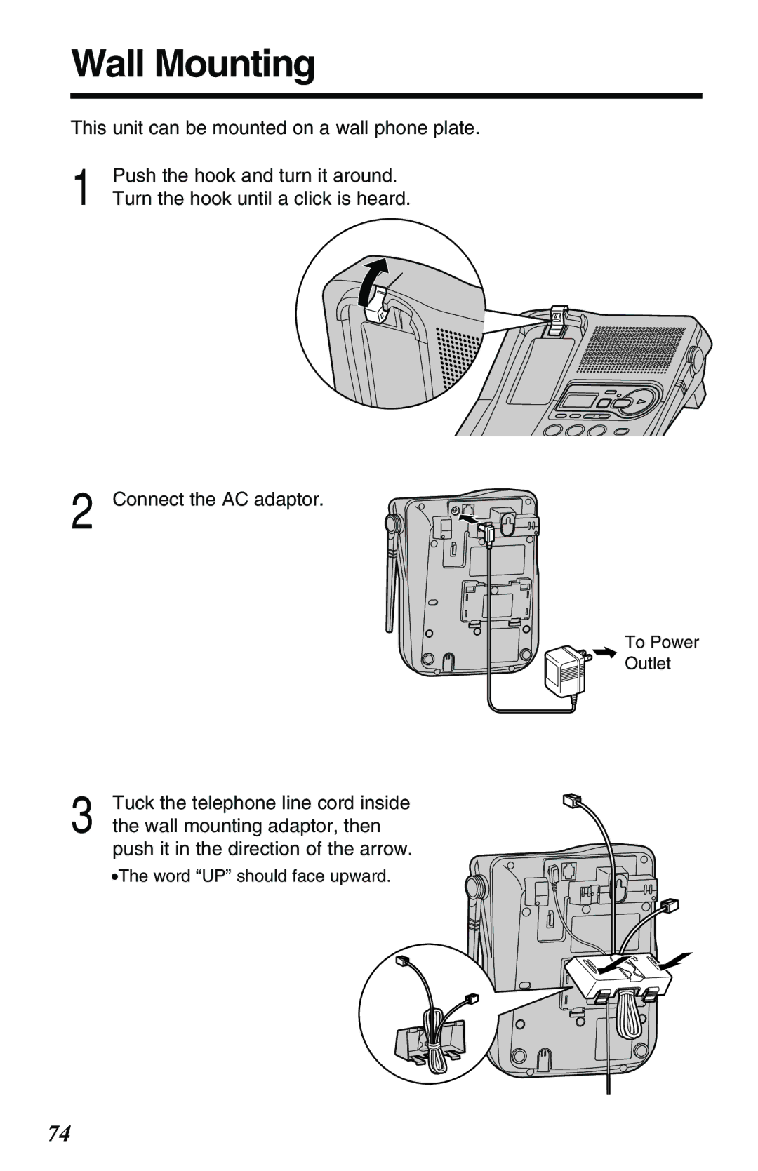 Panasonic KX-TG2257PW, KX-TG2257S Wall Mounting, Tuck the telephone line cord inside, Wall mounting adaptor, then 