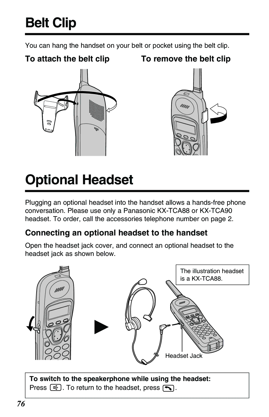 Panasonic KX-TG2257PW, KX-TG2257S Belt Clip, Optional Headset, To attach the belt clip To remove the belt clip 