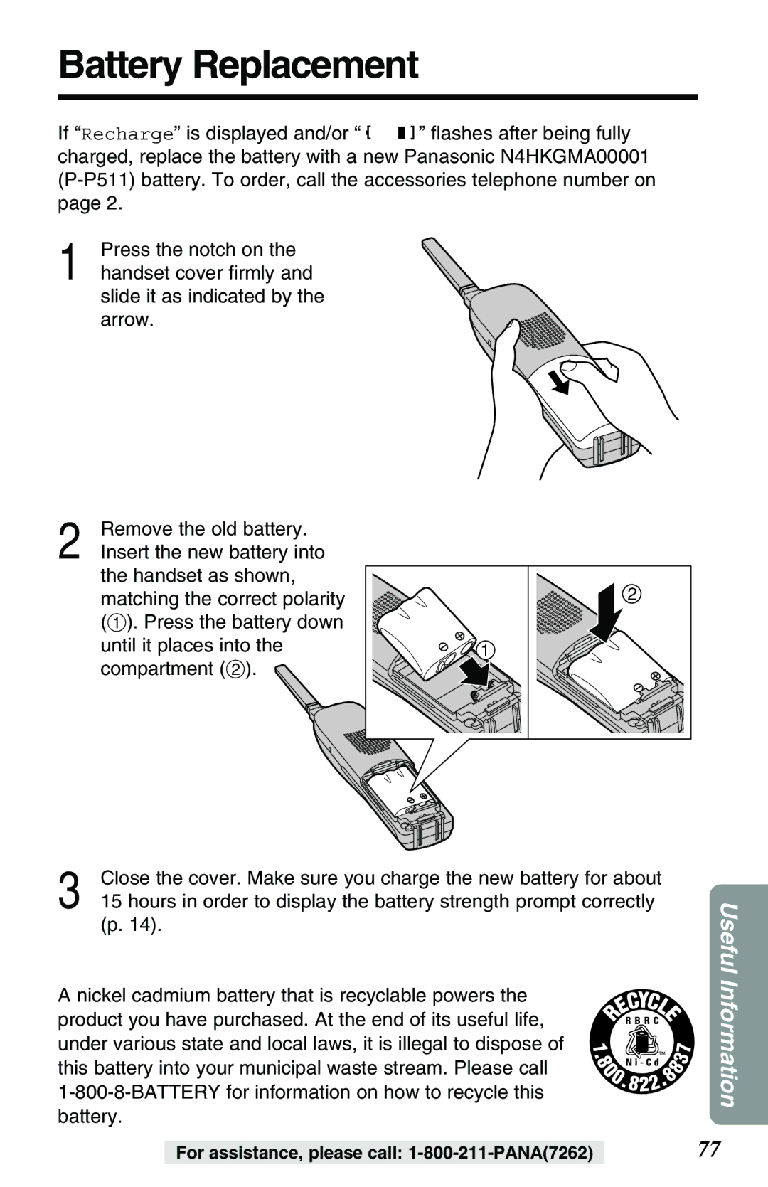 Panasonic KX-TG2257PW, KX-TG2257S operating instructions Battery Replacement 