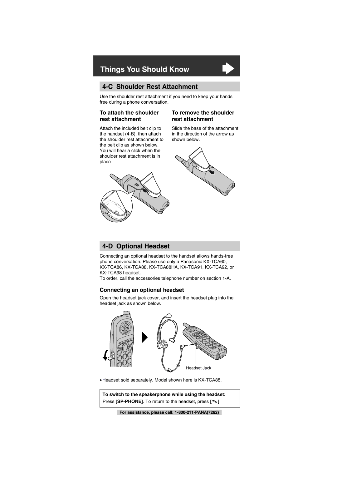 Panasonic KX-TG2302 Shoulder Rest Attachment, Optional Headset, To attach the shoulder rest attachment 