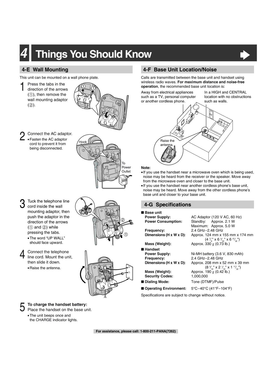 Panasonic KX-TG2302 operating instructions Things You Should Know, Wall Mounting, Base Unit Location/Noise, Specifications 