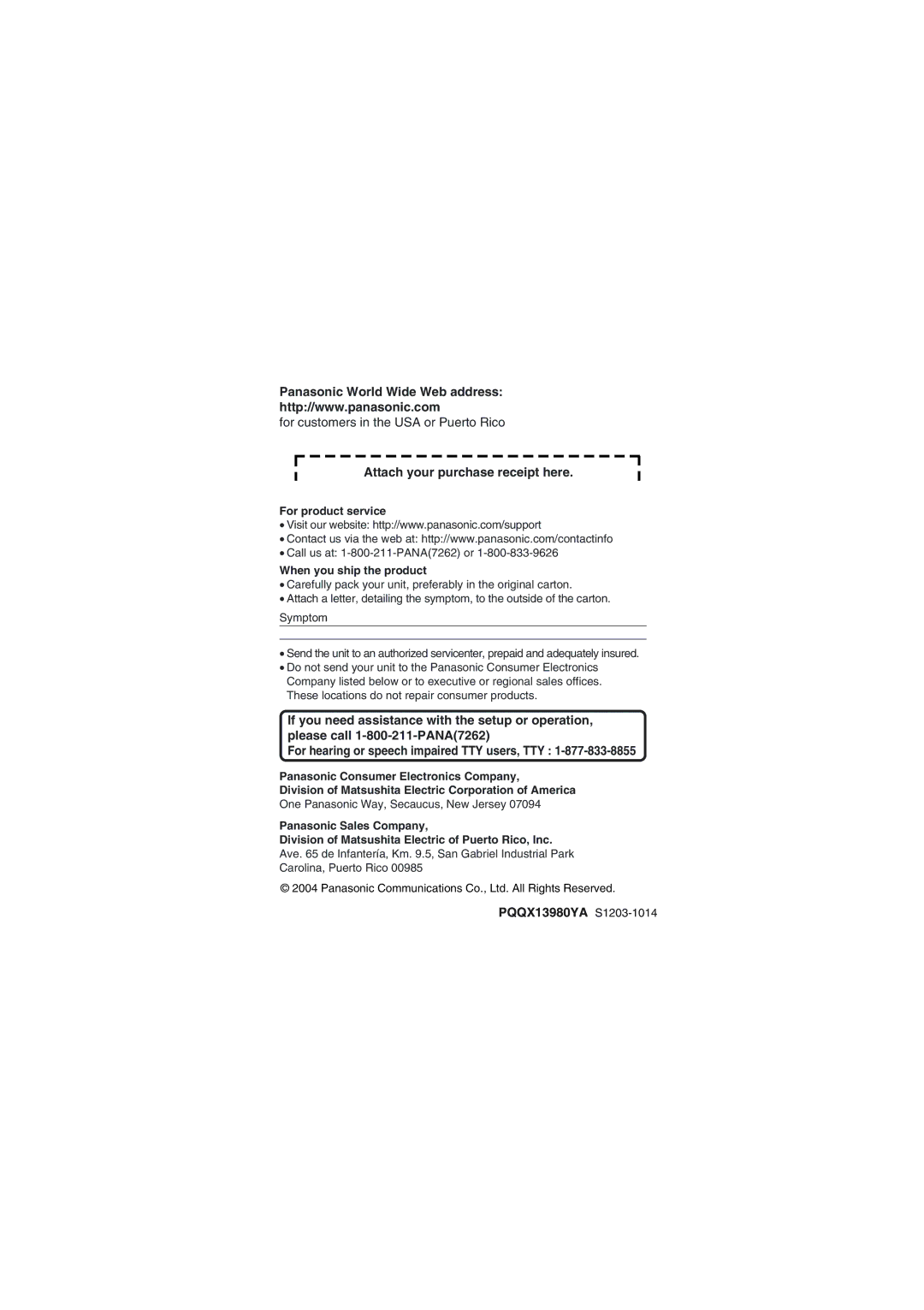 Panasonic KX-TG2302 Panasonic World Wide Web address, Attach your purchase receipt here, PQQX13980YA S1203-1014 