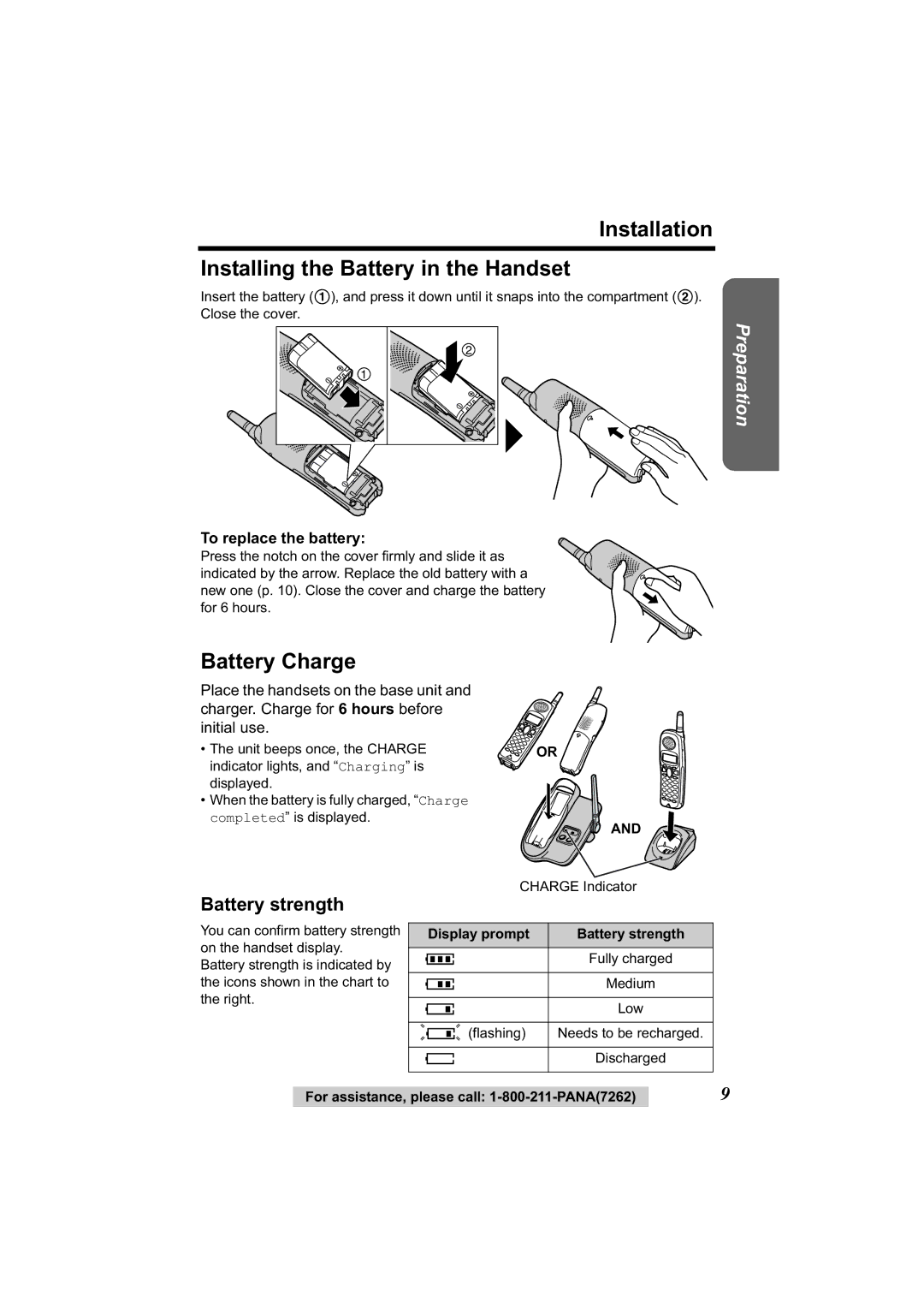 Panasonic KX-TG2314 manual Installation Installing the Battery in the Handset, Battery strength, To replace the battery 