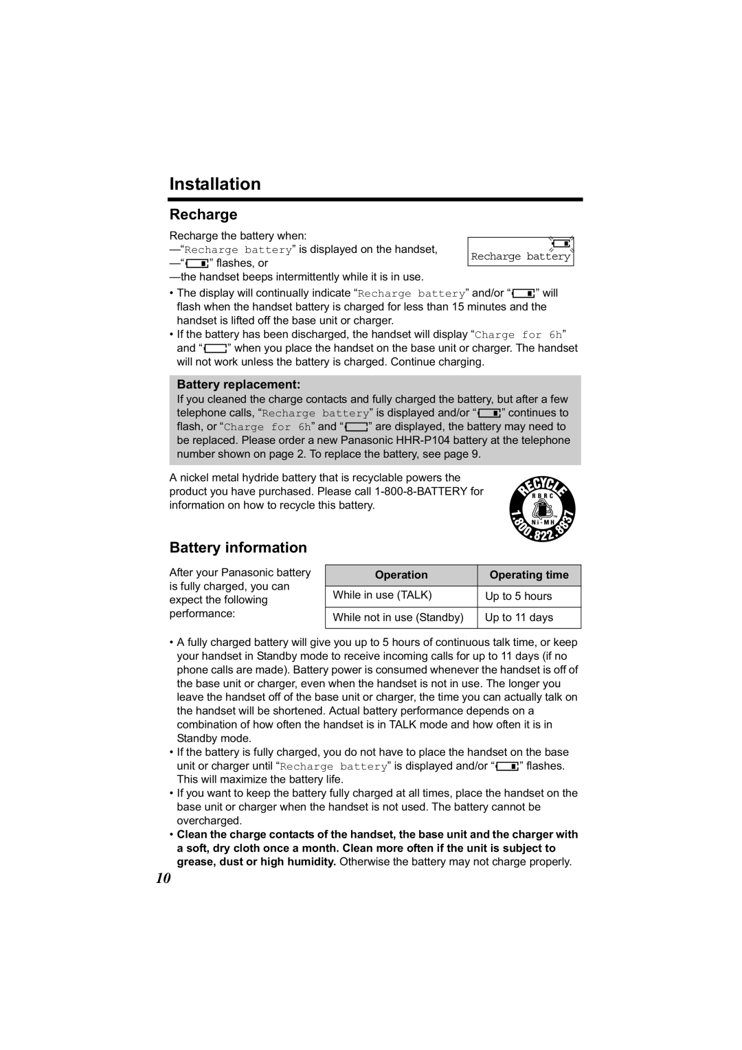 Panasonic KX-TG2314 manual Installation, Recharge, Battery information, Battery replacement, Operation Operating time 