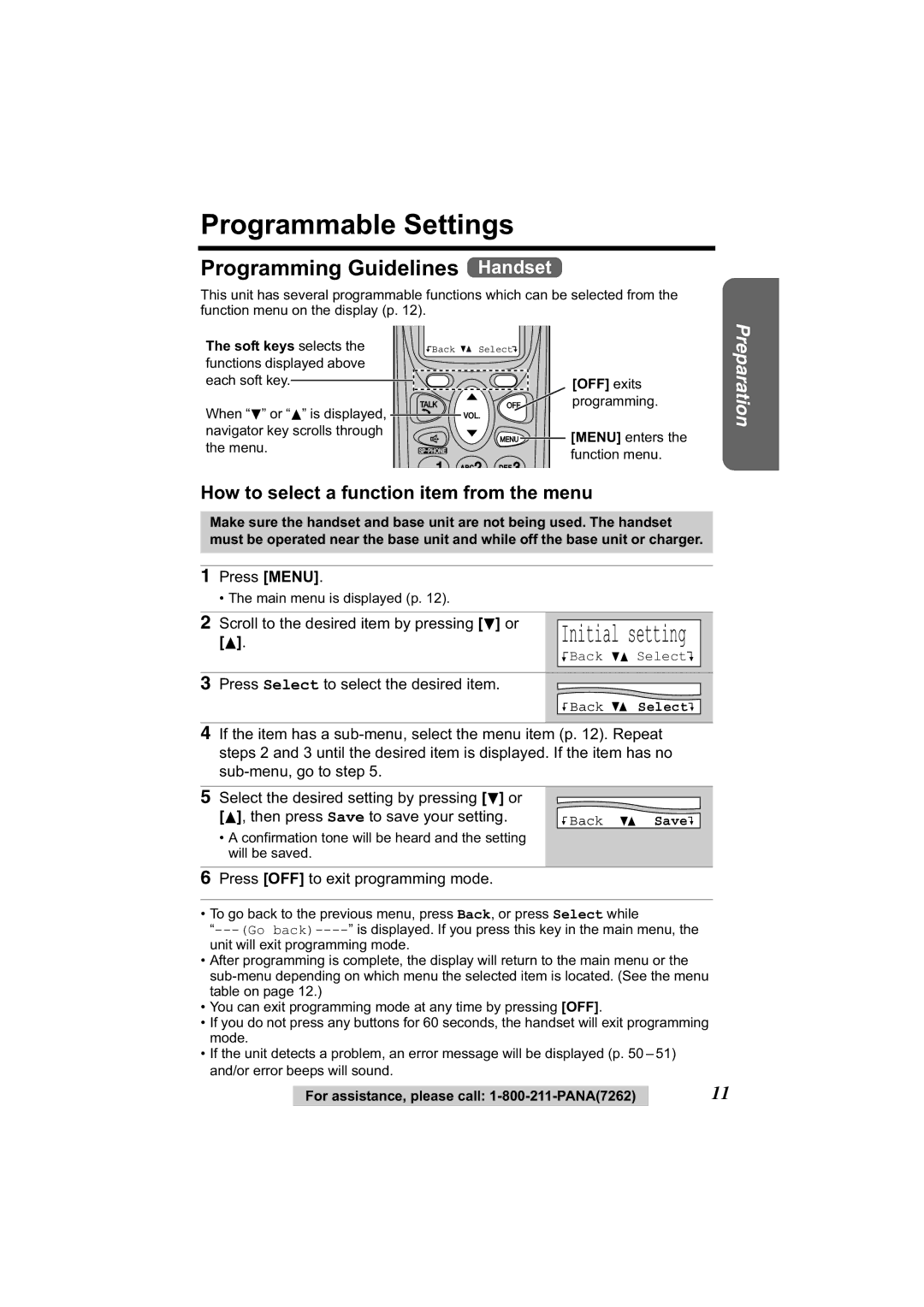 Panasonic KX-TG2314 Programmable Settings, Programming Guidelines Handset, How to select a function item from the menu 