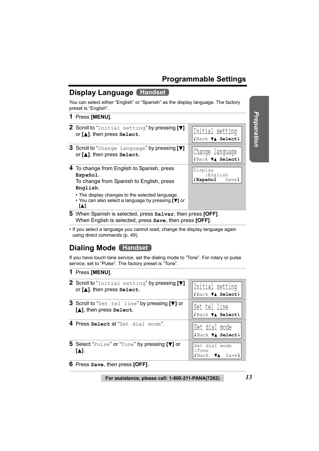 Panasonic KX-TG2314 manual Programmable Settings Display Language Handset, Dialing Mode Handset 