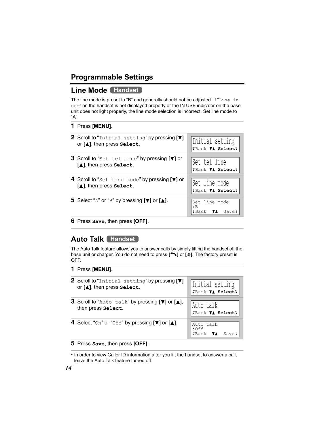 Panasonic KX-TG2314 manual Programmable Settings Line Mode Handset, Auto Talk Handset 