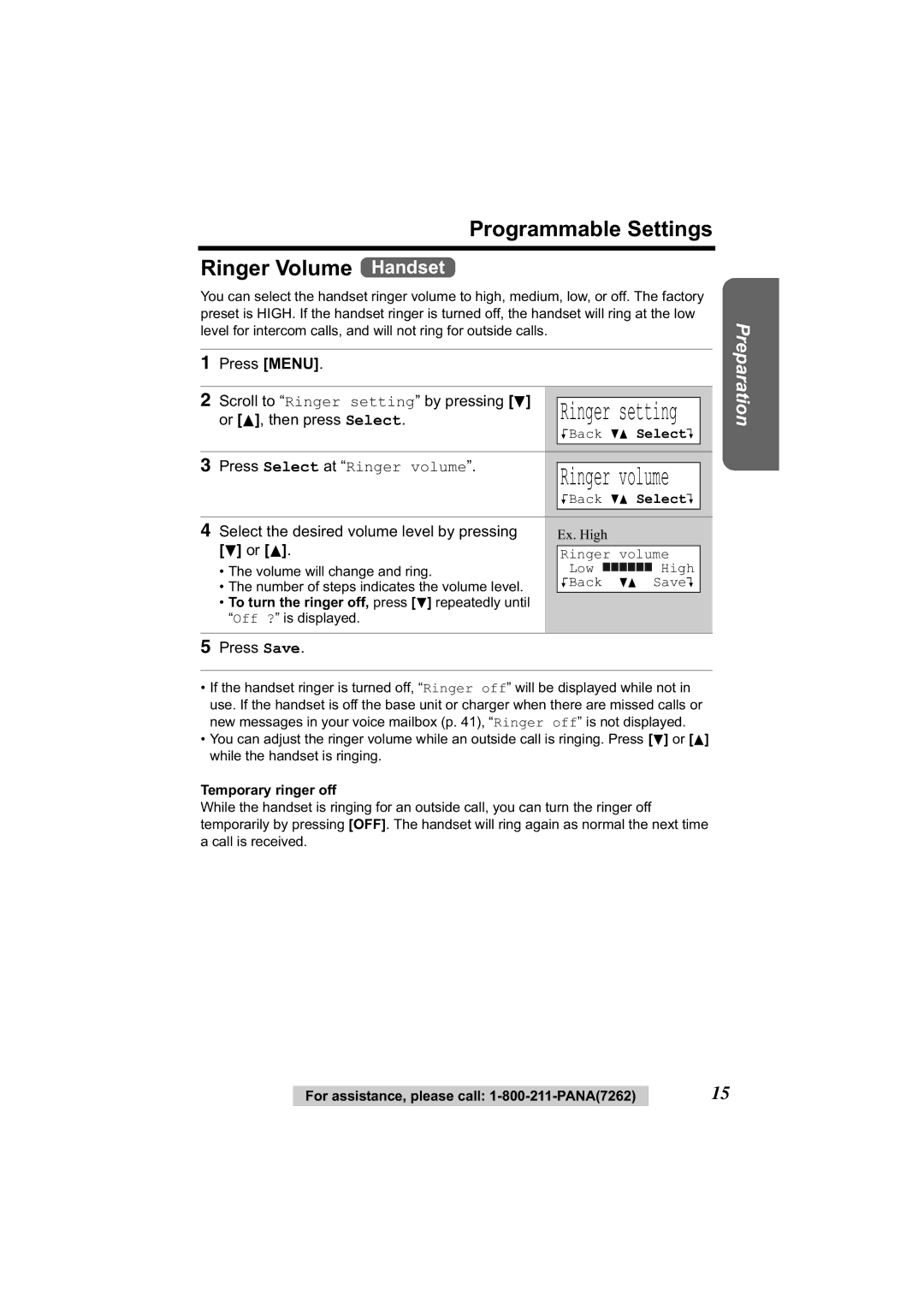 Panasonic KX-TG2314 manual Programmable Settings Ringer Volume Handset, Press Menu Scroll to Ringer setting by pressing d 