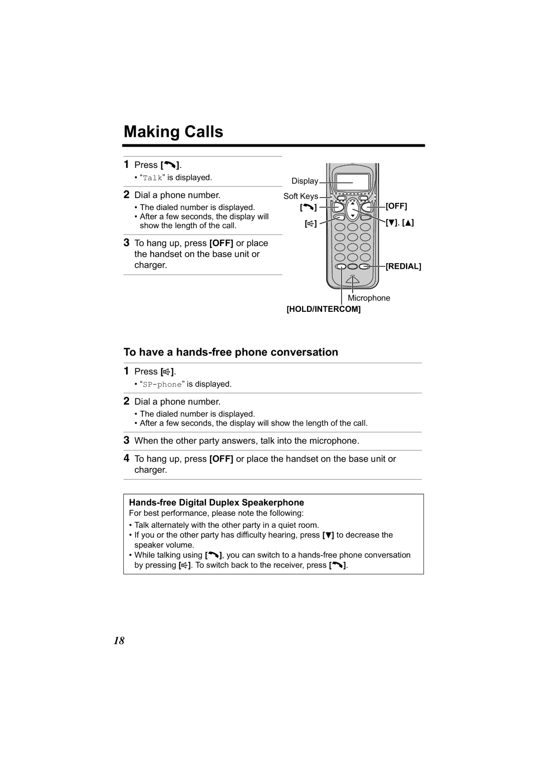 Panasonic KX-TG2314 manual Making Calls, To have a hands-free phone conversation, Hands-free Digital Duplex Speakerphone 