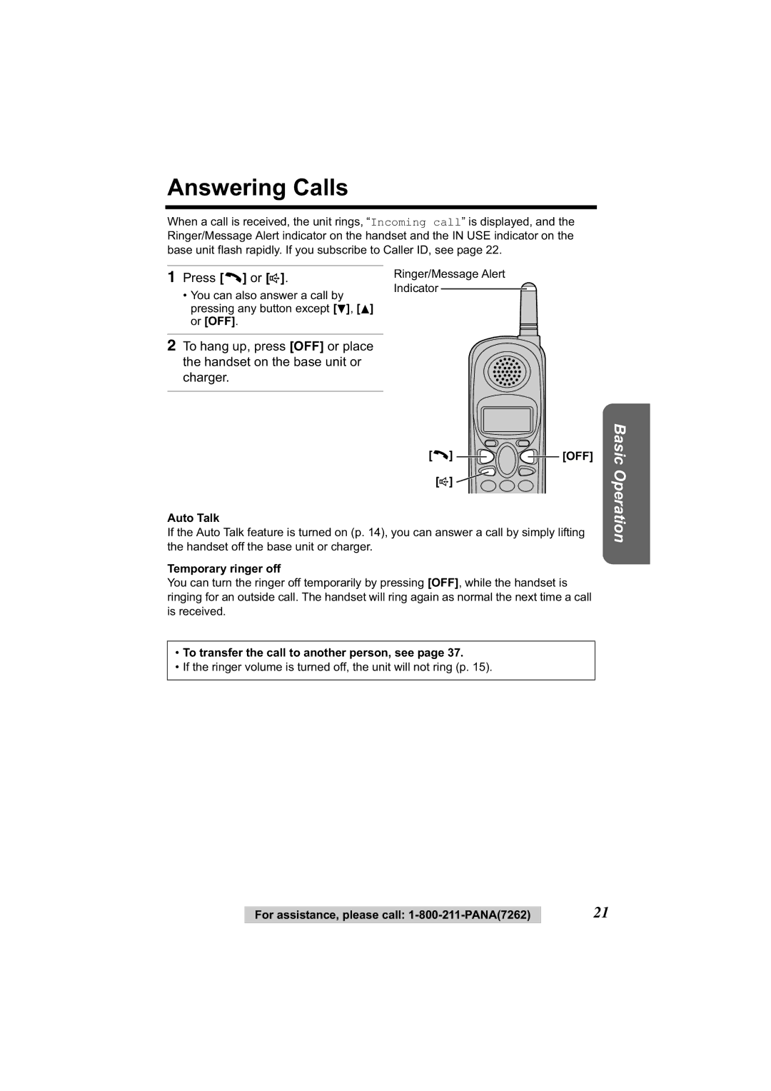 Panasonic KX-TG2314 manual Answering Calls, Or OFF, OFF s Auto Talk, To transfer the call to another person, see 