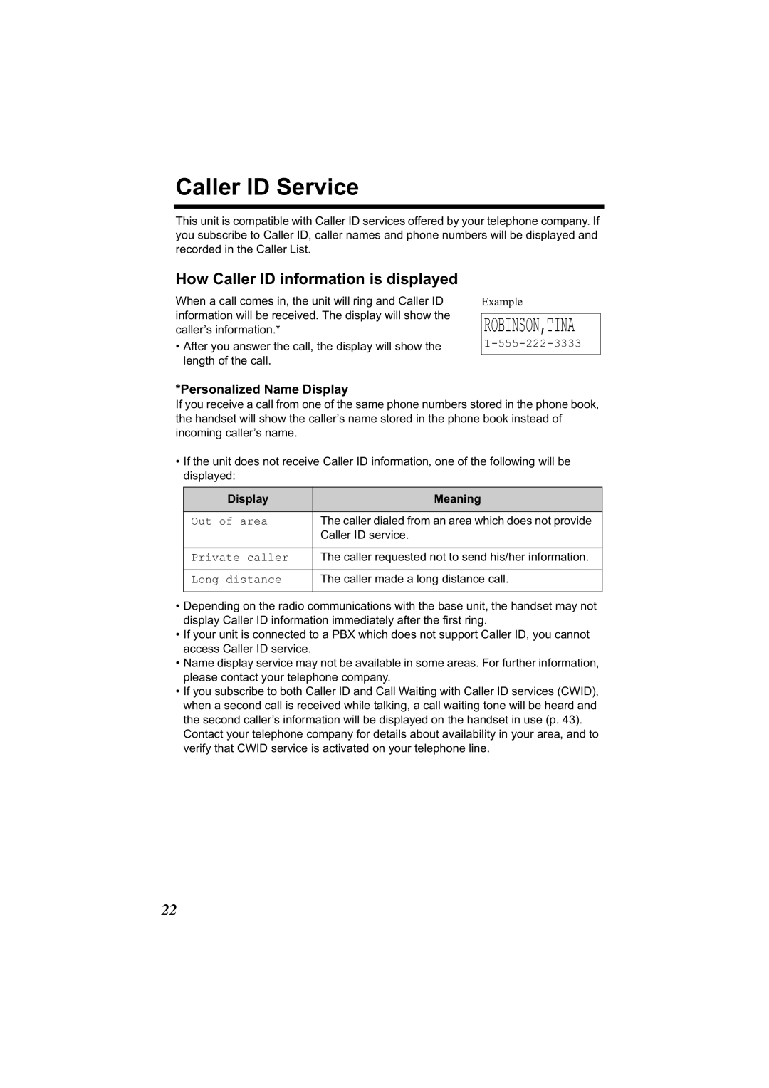 Panasonic KX-TG2314 Caller ID Service, How Caller ID information is displayed, Personalized Name Display, Display Meaning 