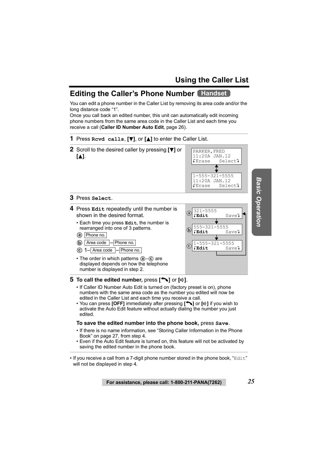 Panasonic KX-TG2314 manual Press Select Press Edit repeatedly until the number is, Shown in the desired format 