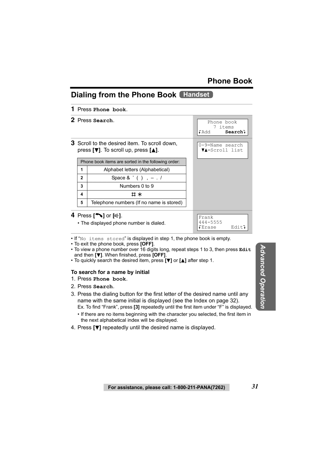 Panasonic KX-TG2314 manual Phone Book Dialing from the Phone Book Handset, To search for a name by initial 