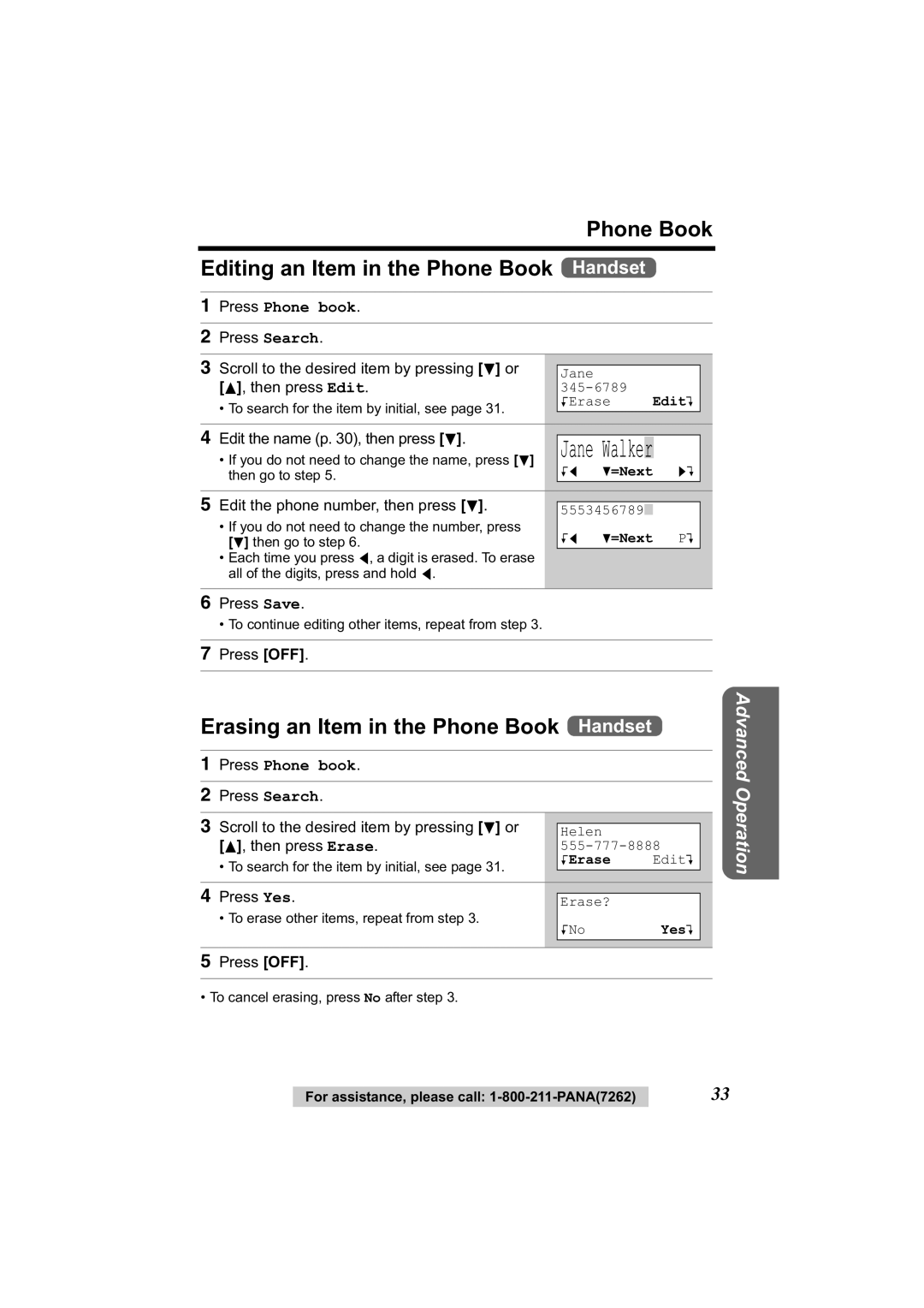 Panasonic KX-TG2314 manual Phone Book Editing an Item in the Phone Book Handset, Erasing an Item in the Phone Book Handset 