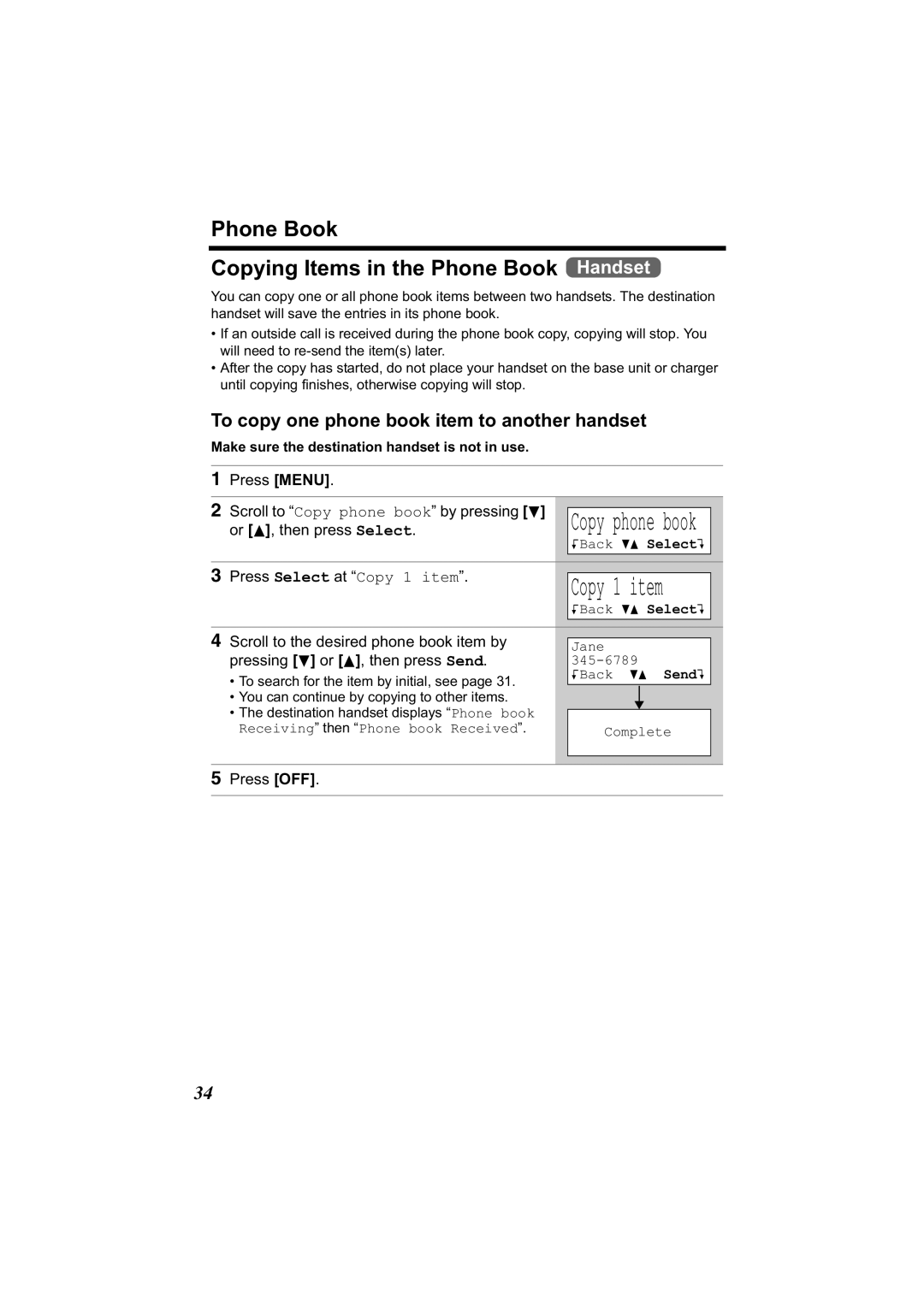 Panasonic KX-TG2314 Phone Book Copying Items in the Phone Book Handset, To copy one phone book item to another handset 