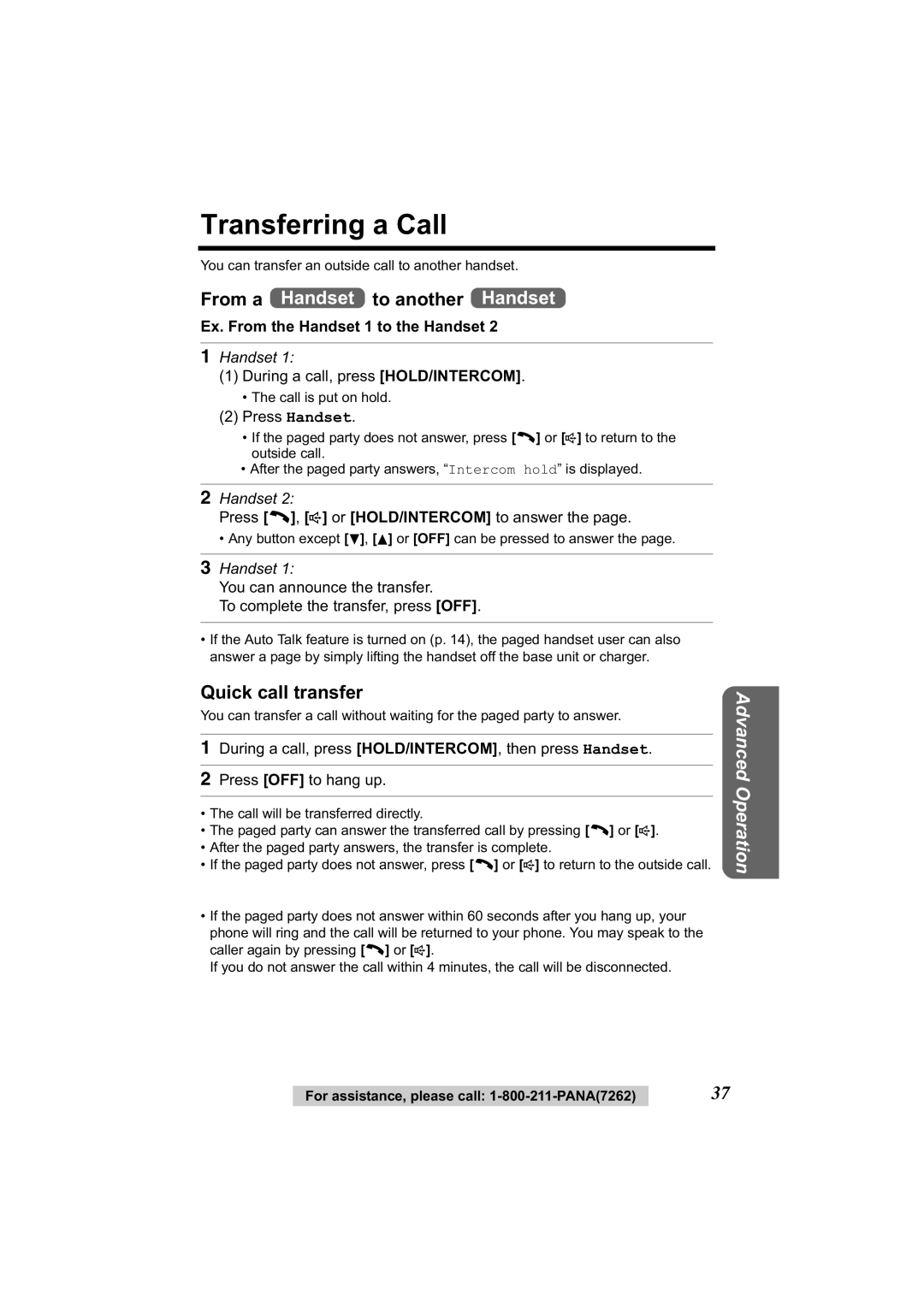 Panasonic KX-TG2314 manual Transferring a Call, From a Handset to another Handset, Quick call transfer 