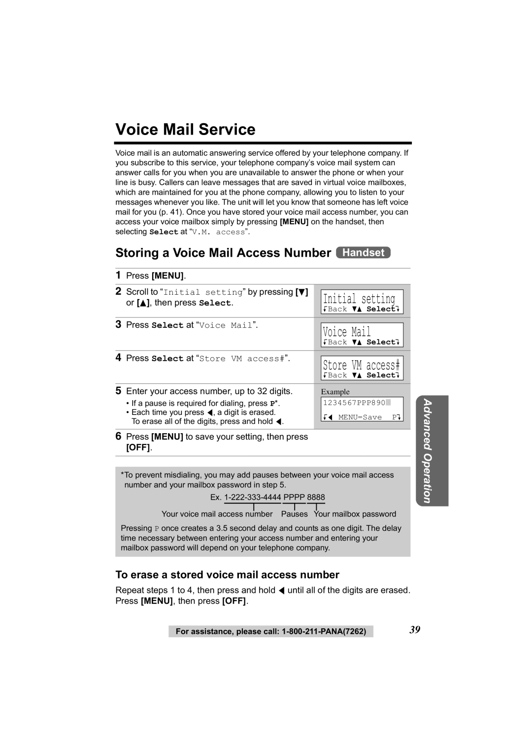 Panasonic KX-TG2314 manual Voice Mail Service, Storing a Voice Mail Access Number Handset 