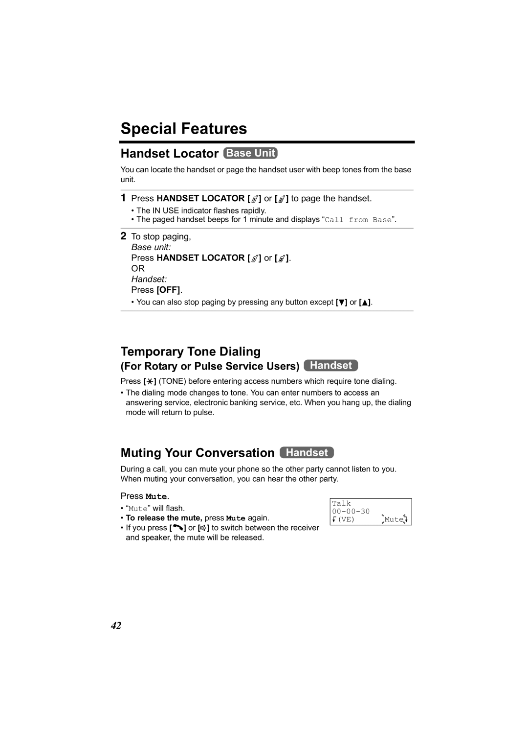 Panasonic KX-TG2314 Special Features, Handset Locator Base Unit, Temporary Tone Dialing, Muting Your Conversation Handset 