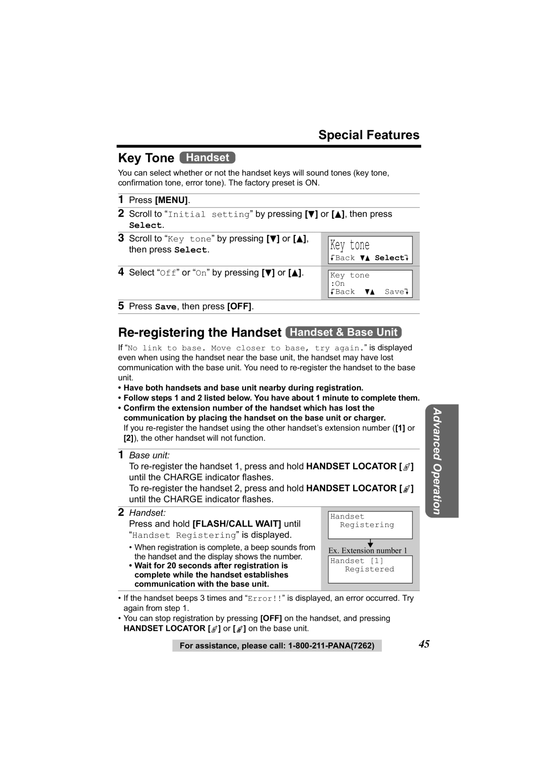 Panasonic KX-TG2314 Special Features Key Tone Handset, Scroll to Key tone by pressing d or B, Key tone On KBack dB SaveL 