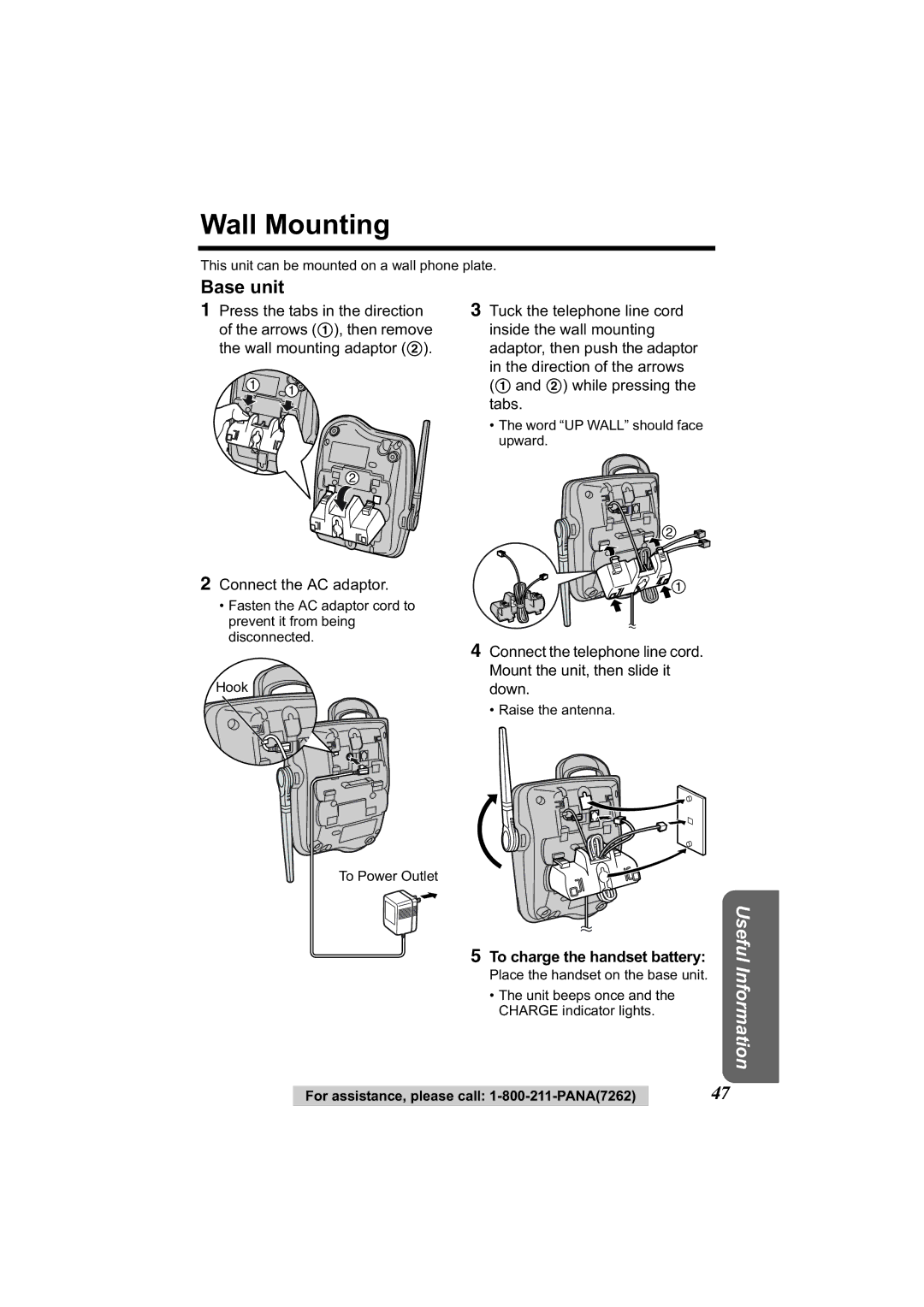 Panasonic KX-TG2314 manual Wall Mounting, To charge the handset battery 