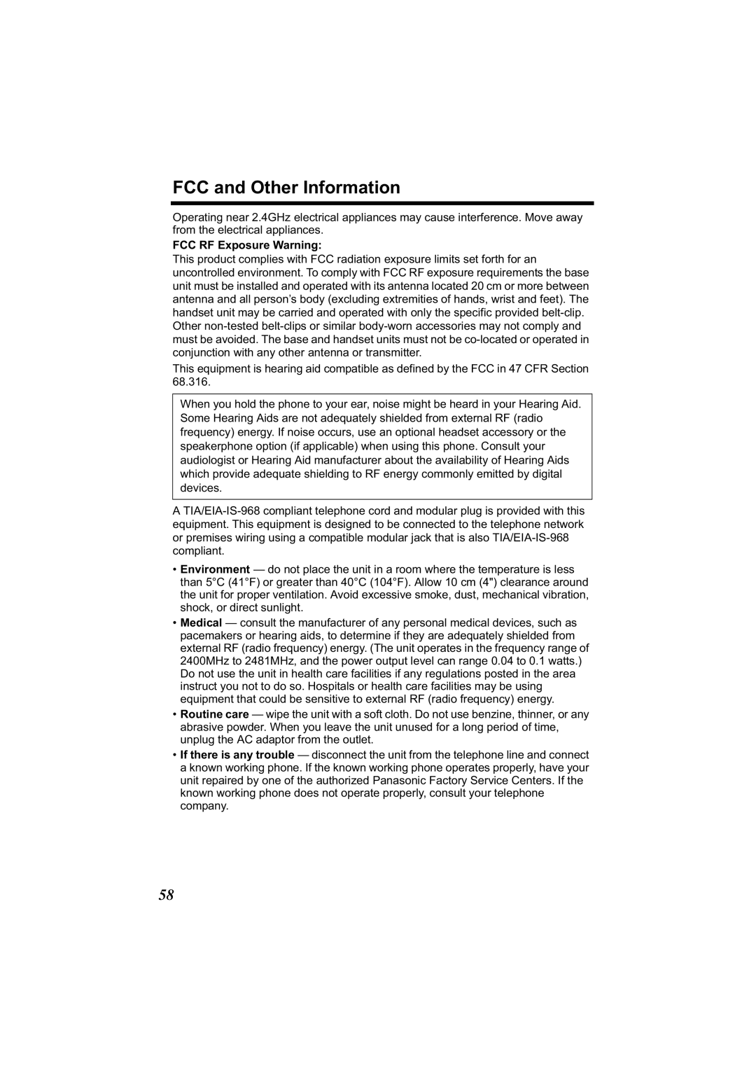 Panasonic KX-TG2314 manual FCC RF Exposure Warning 