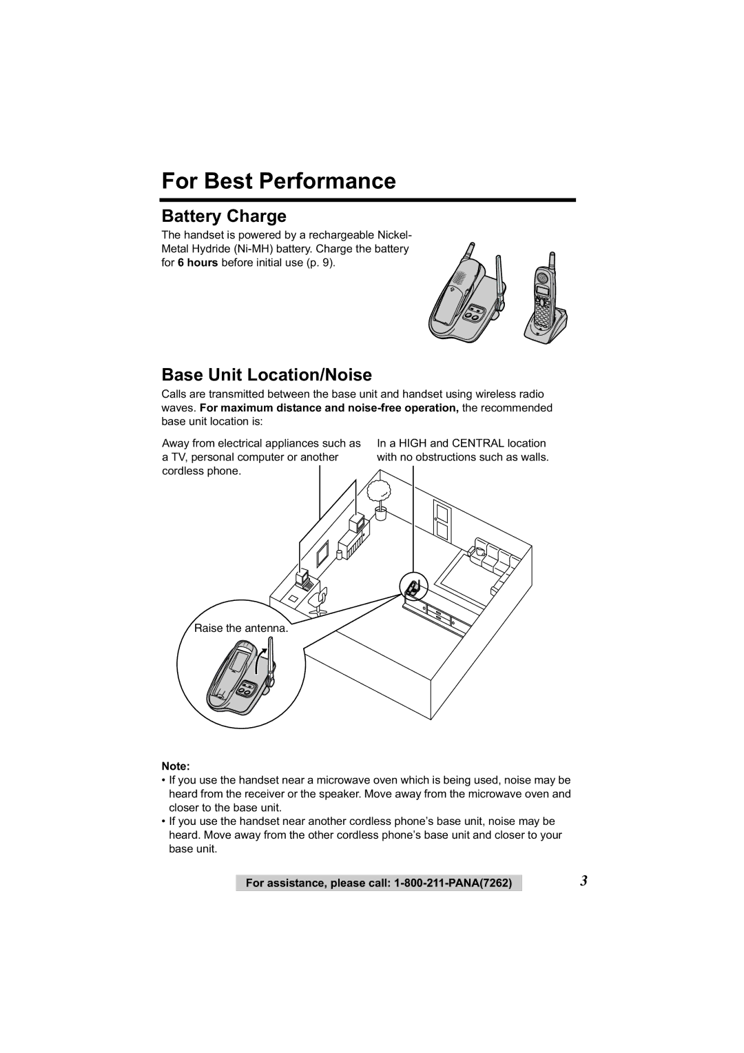 Panasonic KX-TG2314 manual For Best Performance, Battery Charge, Base Unit Location/Noise 