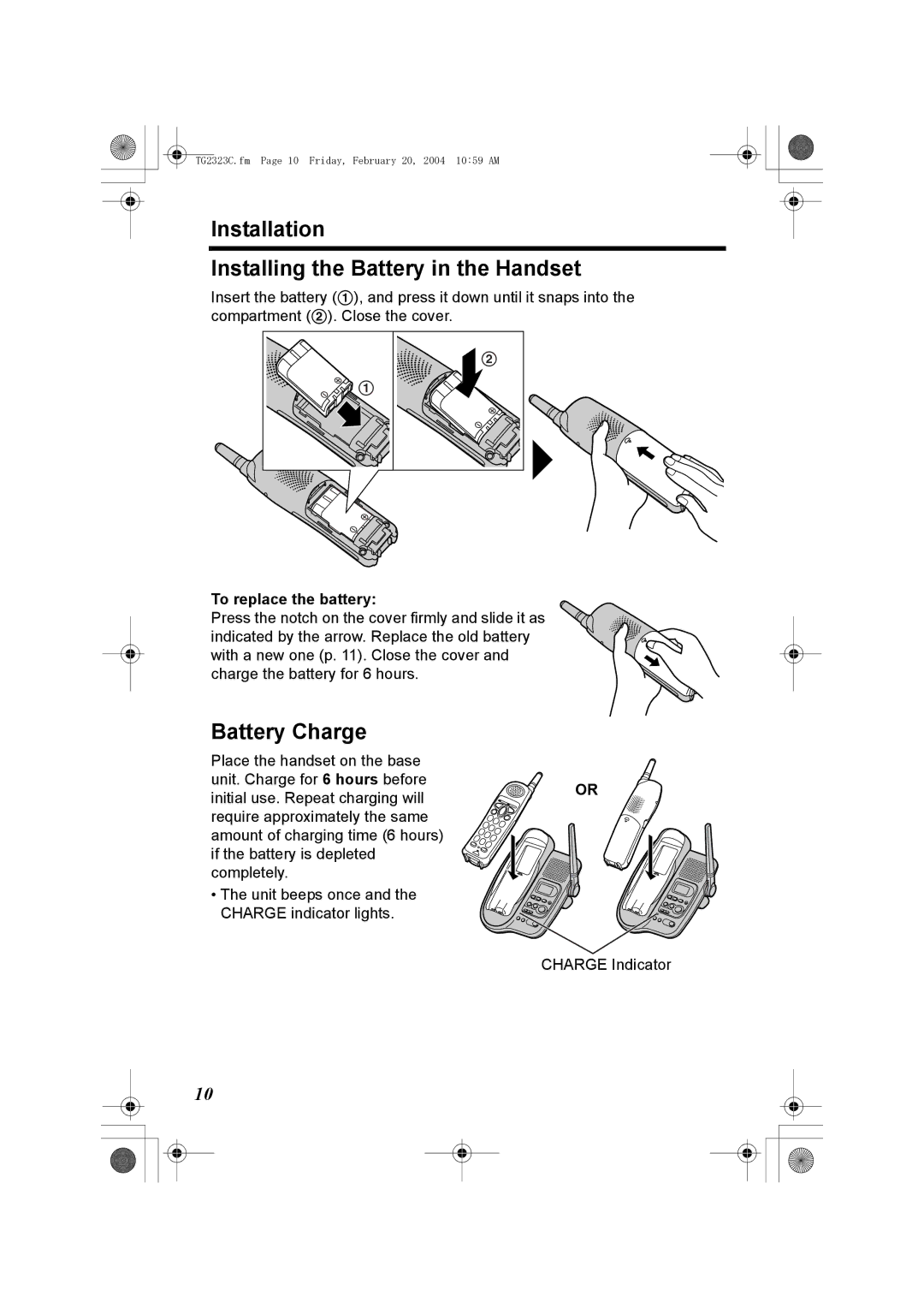 Panasonic kX-TG2323C operating instructions Installation Installing the Battery in the Handset, To replace the battery 