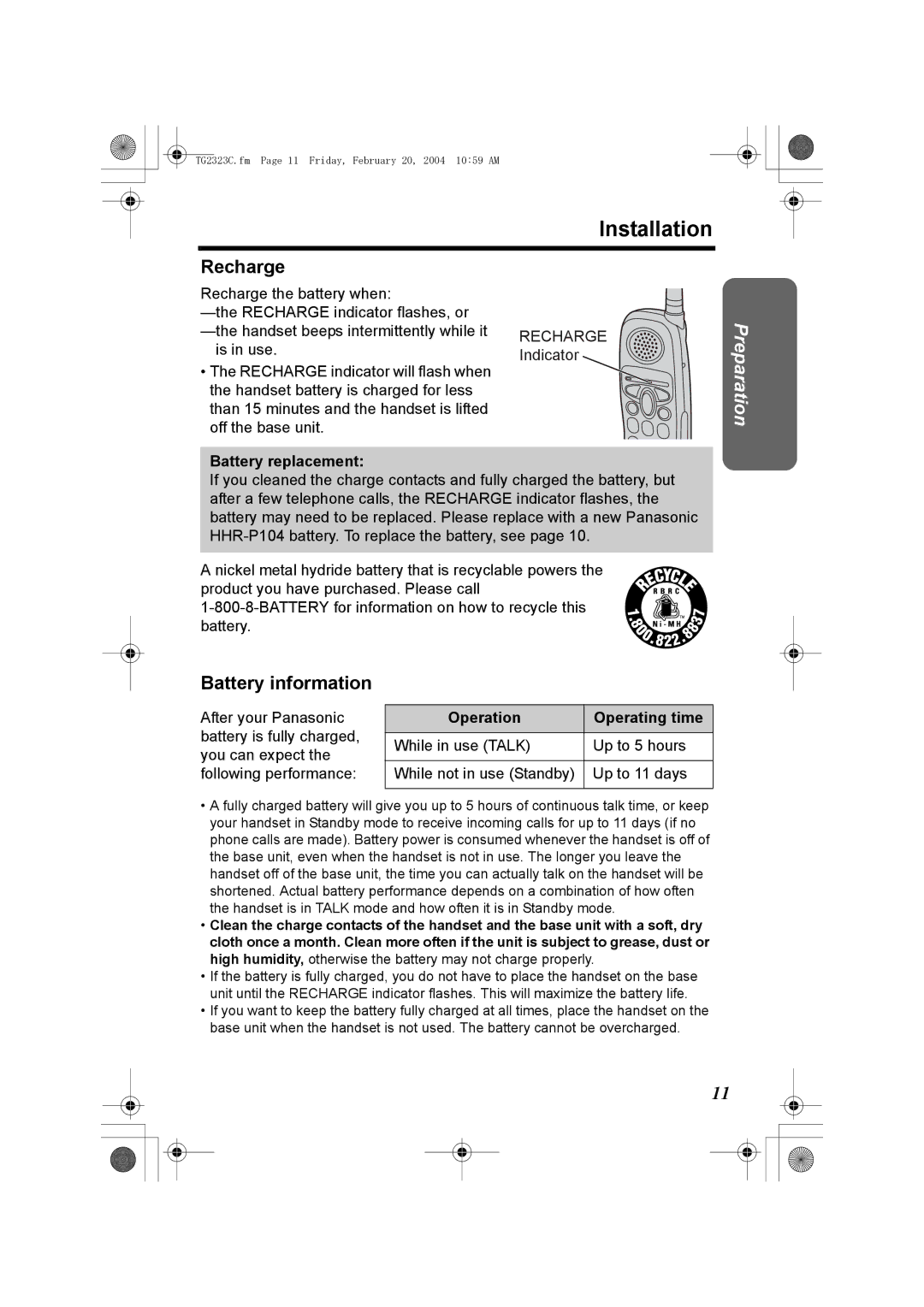 Panasonic kX-TG2323C Installation, Recharge, Battery information, Battery replacement, Operation Operating time 