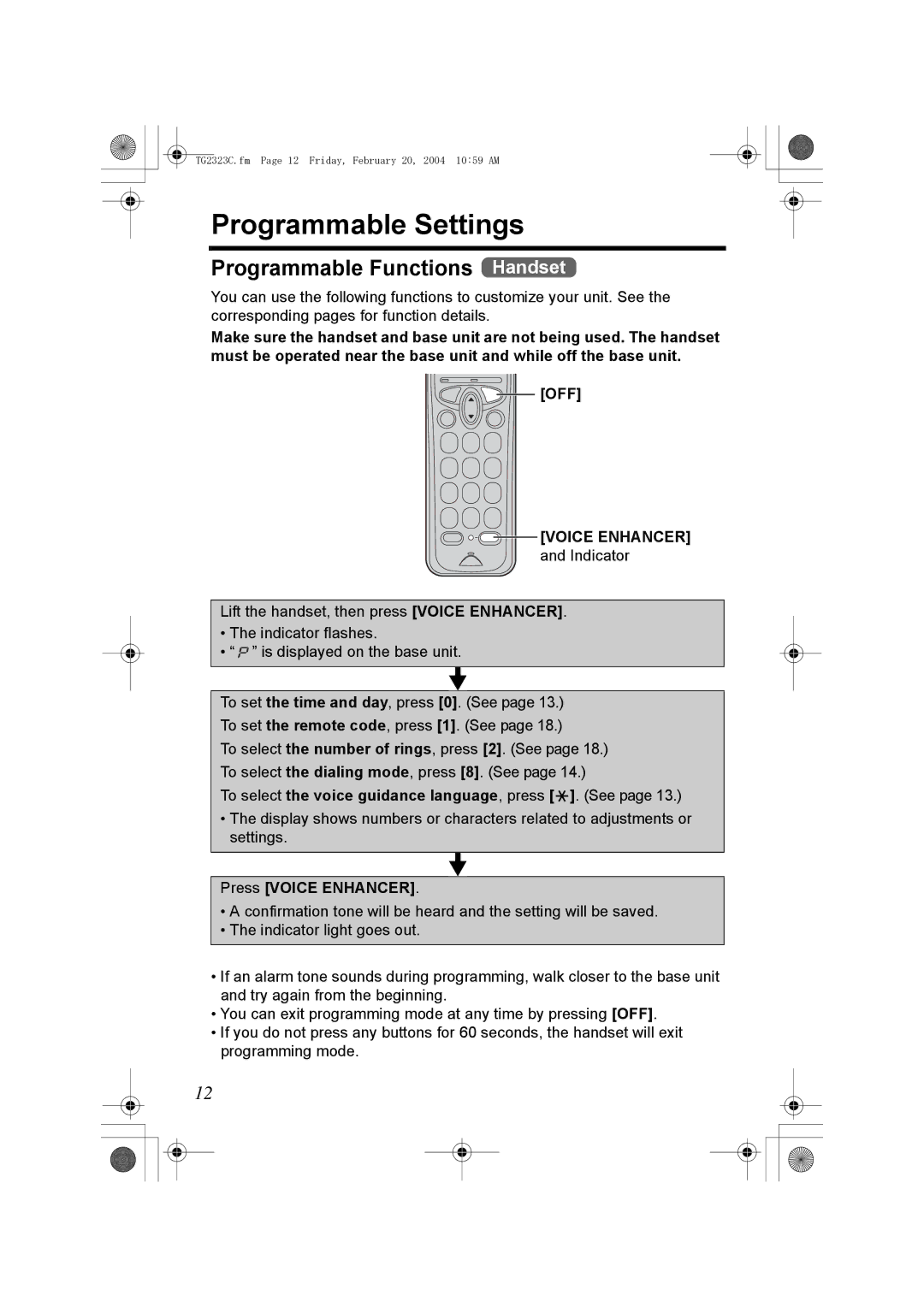 Panasonic kX-TG2323C operating instructions Programmable Settings, Programmable Functions Handset, Press Voice Enhancer 