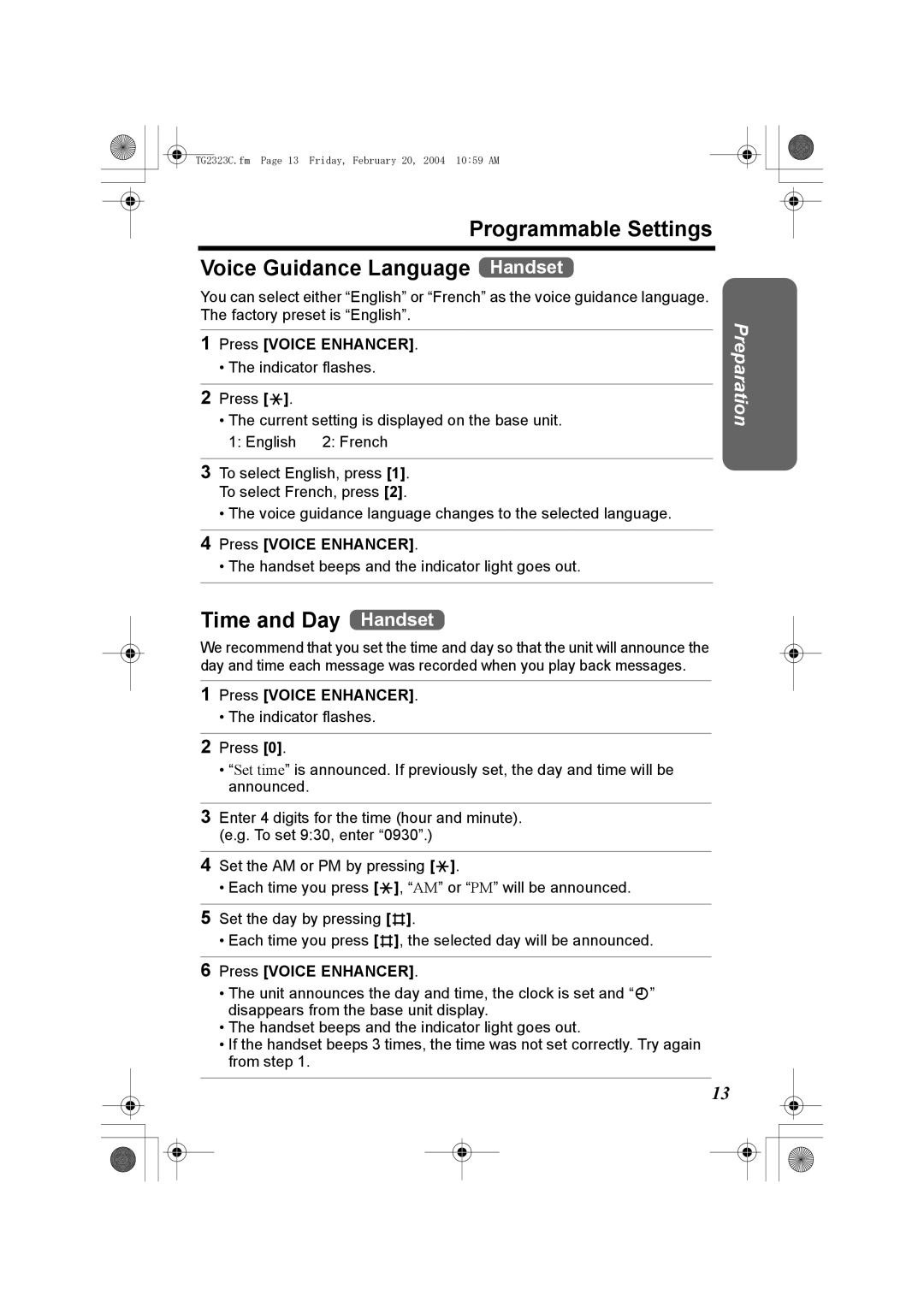 Panasonic kX-TG2323C operating instructions Programmable Settings Voice Guidance Language Handset, Time and Day Handset 