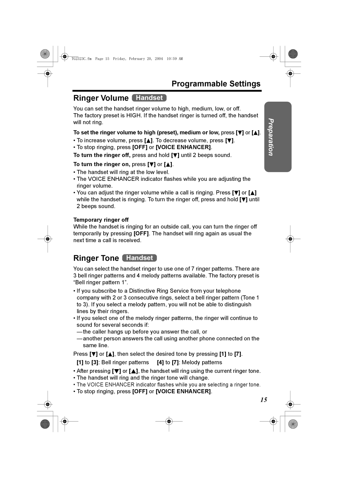 Panasonic kX-TG2323C Programmable Settings Ringer Volume Handset, Ringer Tone Handset, To turn the ringer on, press d or B 