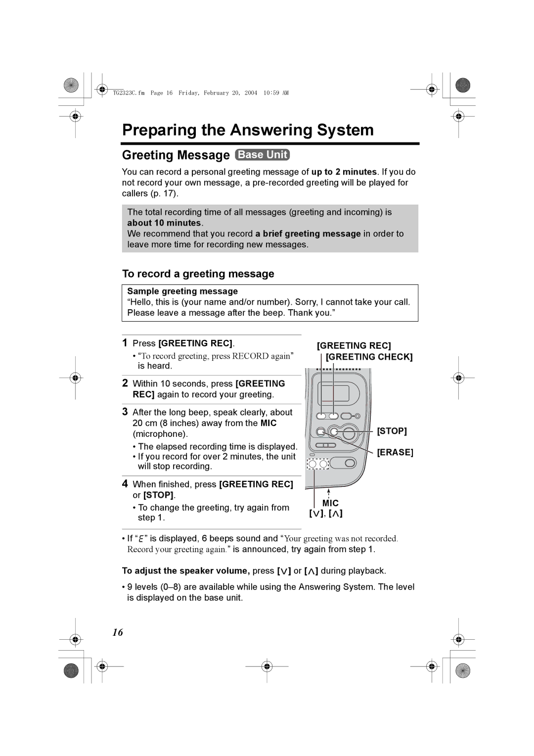 Panasonic kX-TG2323C Preparing the Answering System, Greeting Message Base Unit, To record a greeting message 