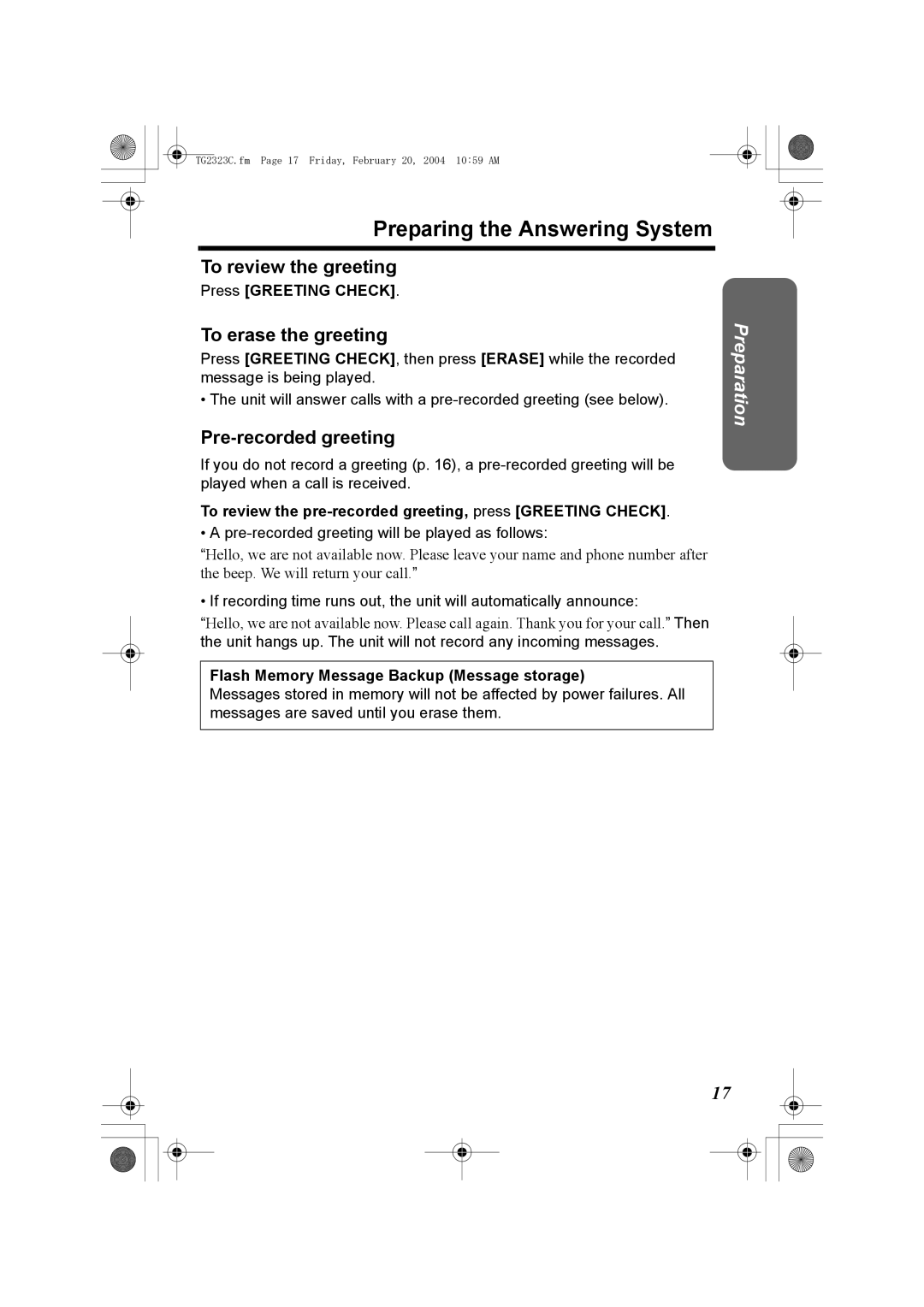 Panasonic kX-TG2323C Preparing the Answering System, To review the greeting, To erase the greeting, Pre-recorded greeting 