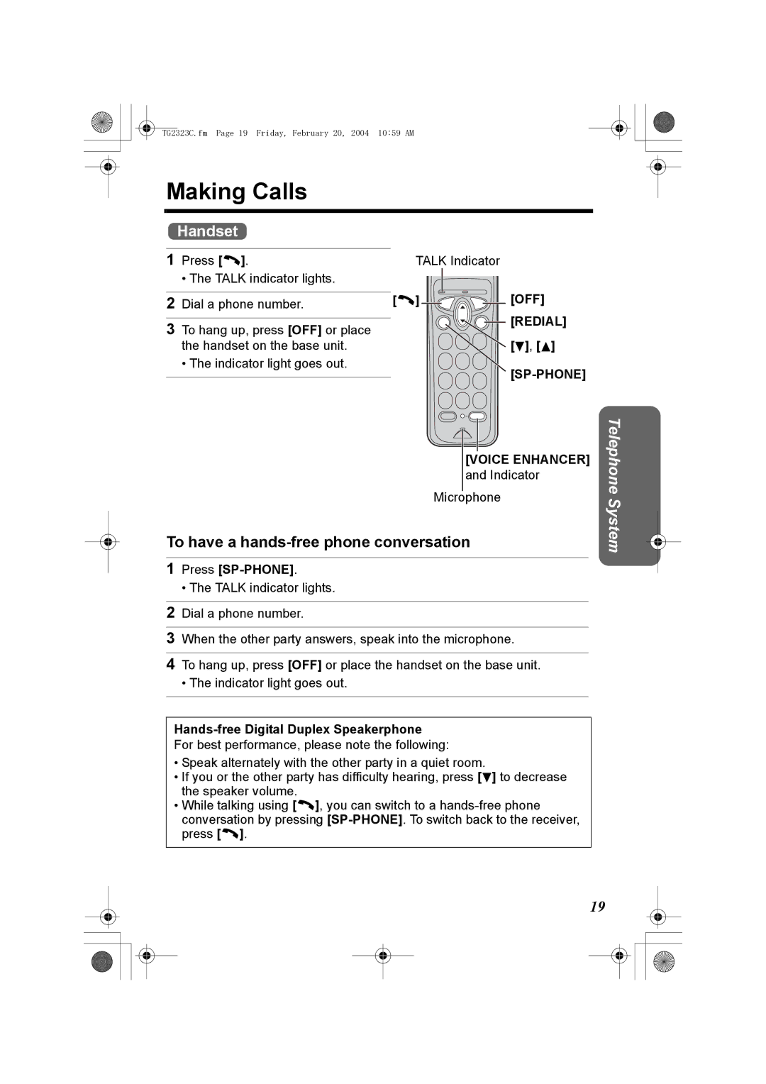 Panasonic kX-TG2323C Making Calls, To have a hands-free phone conversation, OFF Redial d, B, Press SP-PHONE 