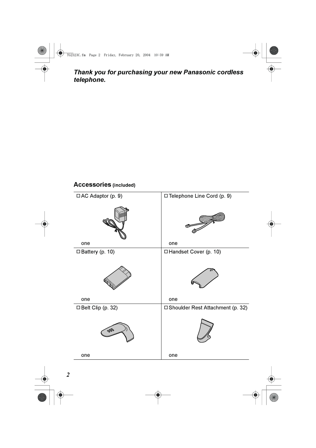 Panasonic kX-TG2323C operating instructions Accessories included 