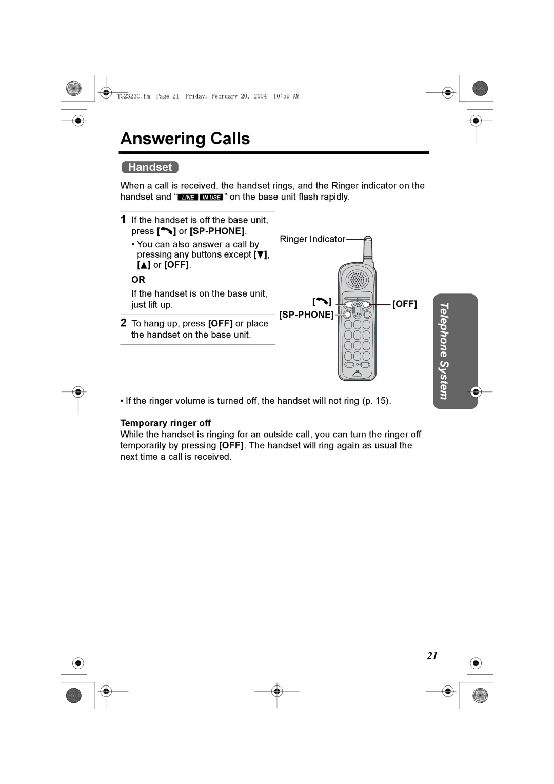 Panasonic kX-TG2323C operating instructions Answering Calls, Off Sp-Phone 