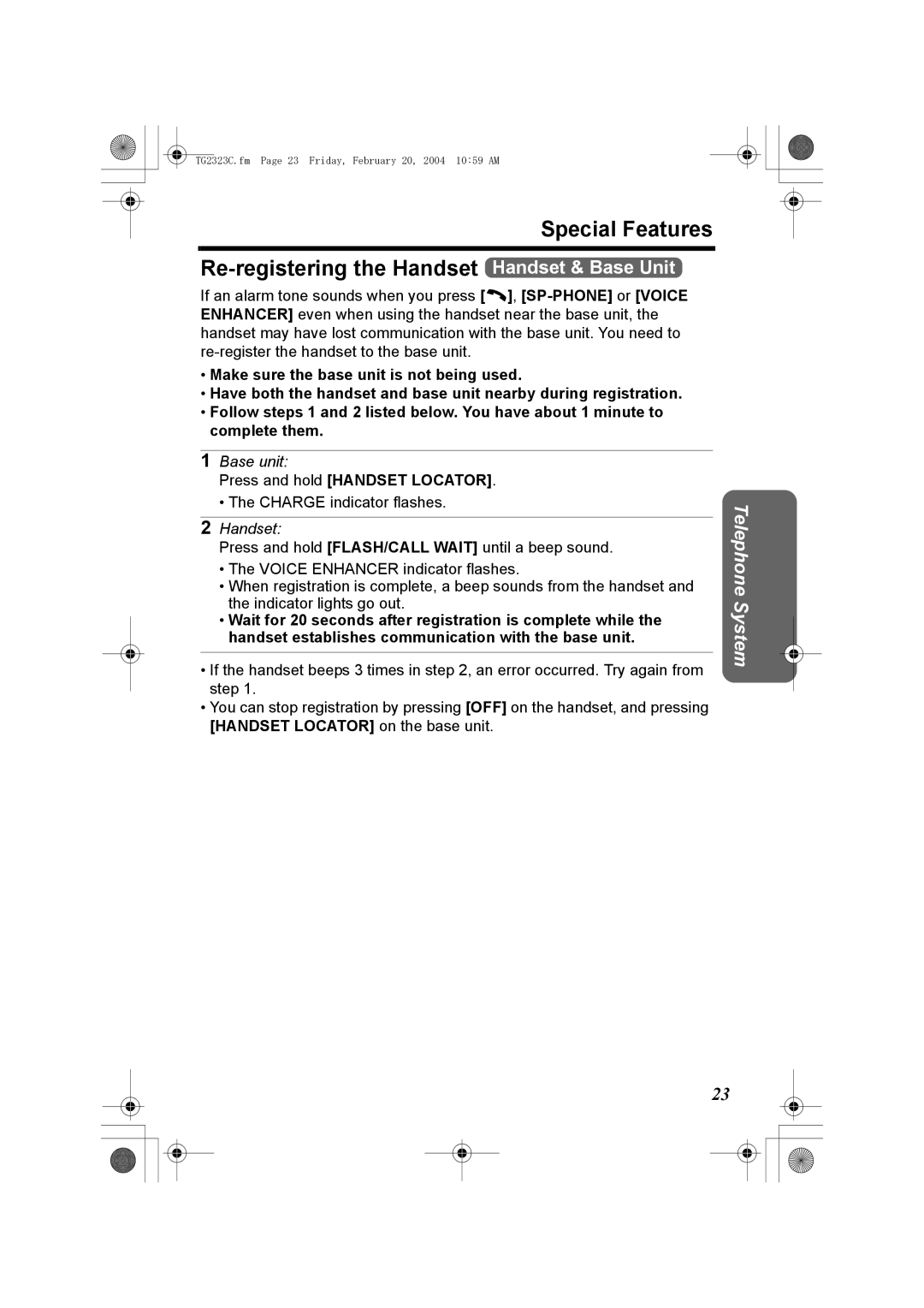 Panasonic kX-TG2323C operating instructions Press and hold Handset Locator 