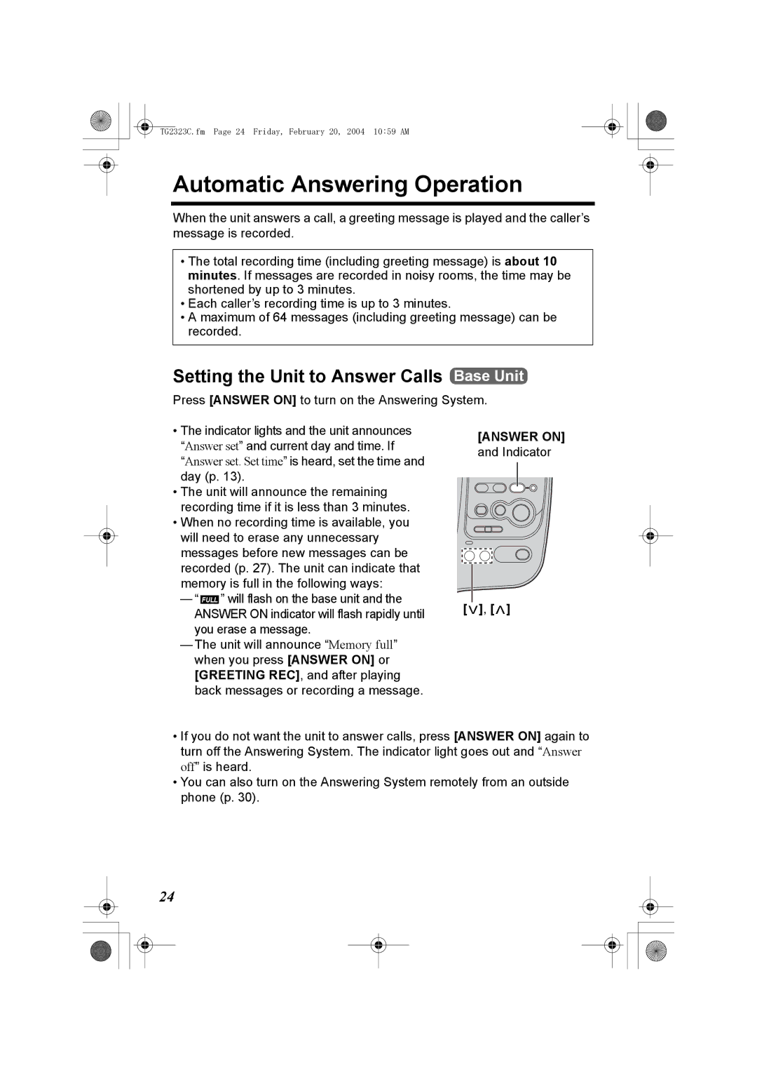 Panasonic kX-TG2323C operating instructions Automatic Answering Operation, Setting the Unit to Answer Calls Base Unit 