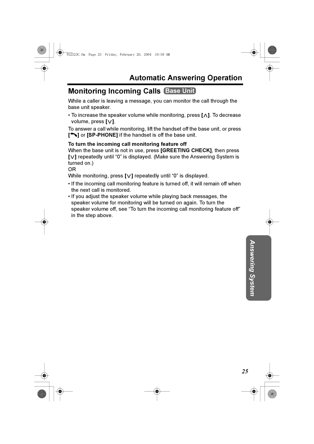 Panasonic kX-TG2323C operating instructions To turn the incoming call monitoring feature off 