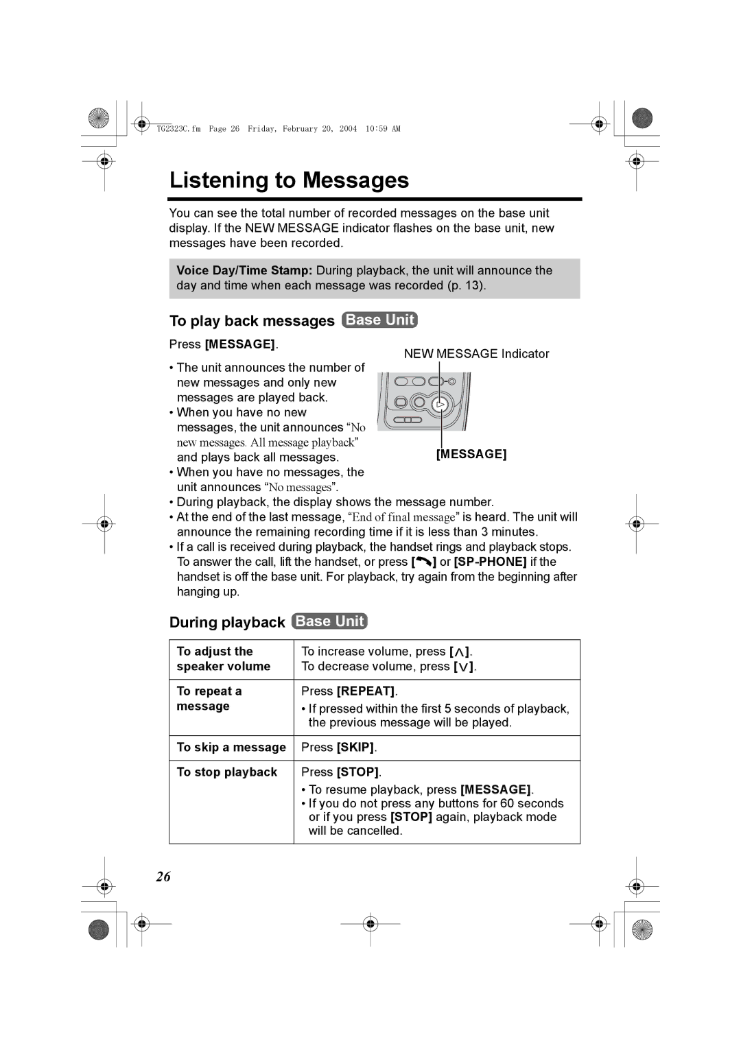 Panasonic kX-TG2323C operating instructions Listening to Messages, To play back messages Base Unit, During playback 