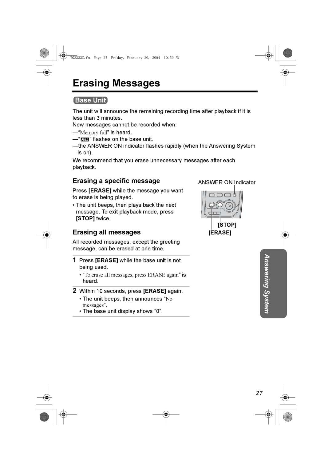 Panasonic kX-TG2323C operating instructions Erasing Messages, Erasing a specific message, Erasing all messages 