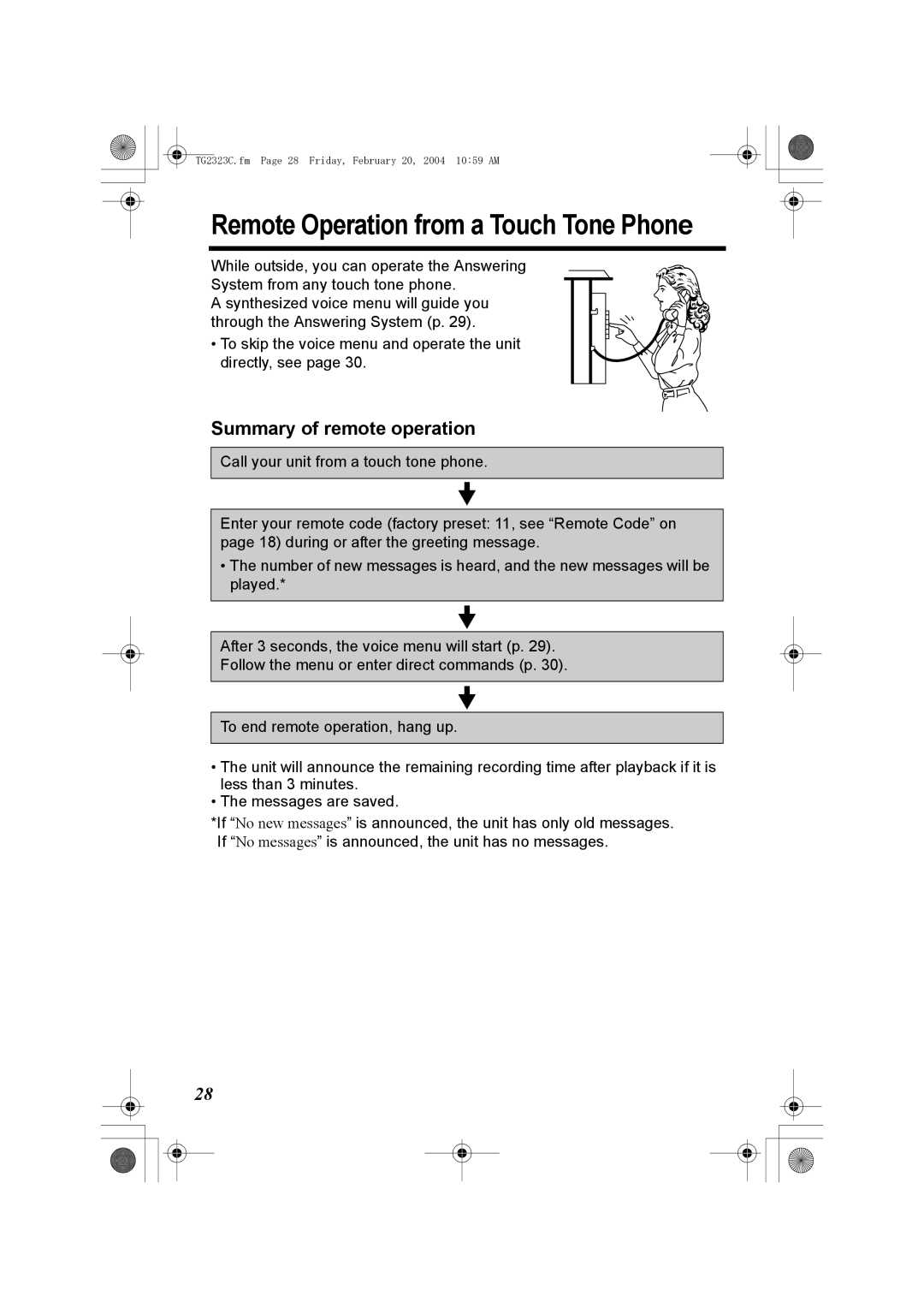 Panasonic kX-TG2323C operating instructions Remote Operation from a Touch Tone Phone, Summary of remote operation 