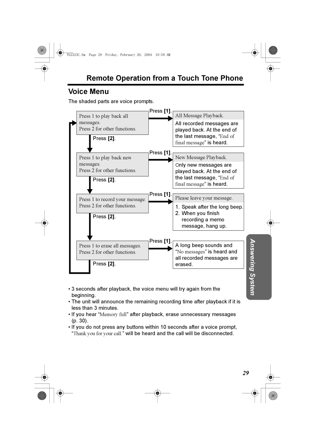 Panasonic kX-TG2323C operating instructions Remote Operation from a Touch Tone Phone Voice Menu, Answering System 